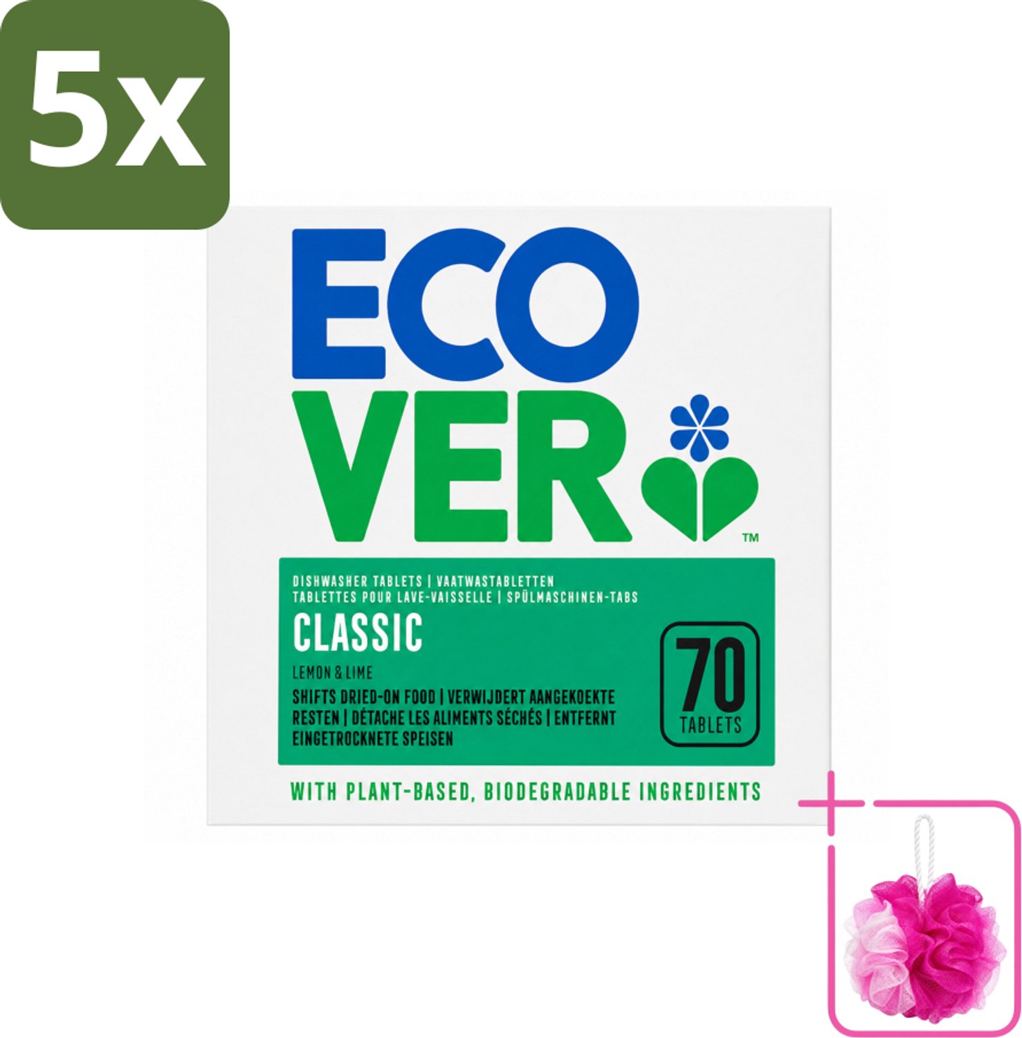 5 x Ecover - Vaatwastabletten Classic - Citroen & Limoen - 70 Tabs - Bulkverpakking - Vaatwasmiddel - Douchemop - Vaatwastablet