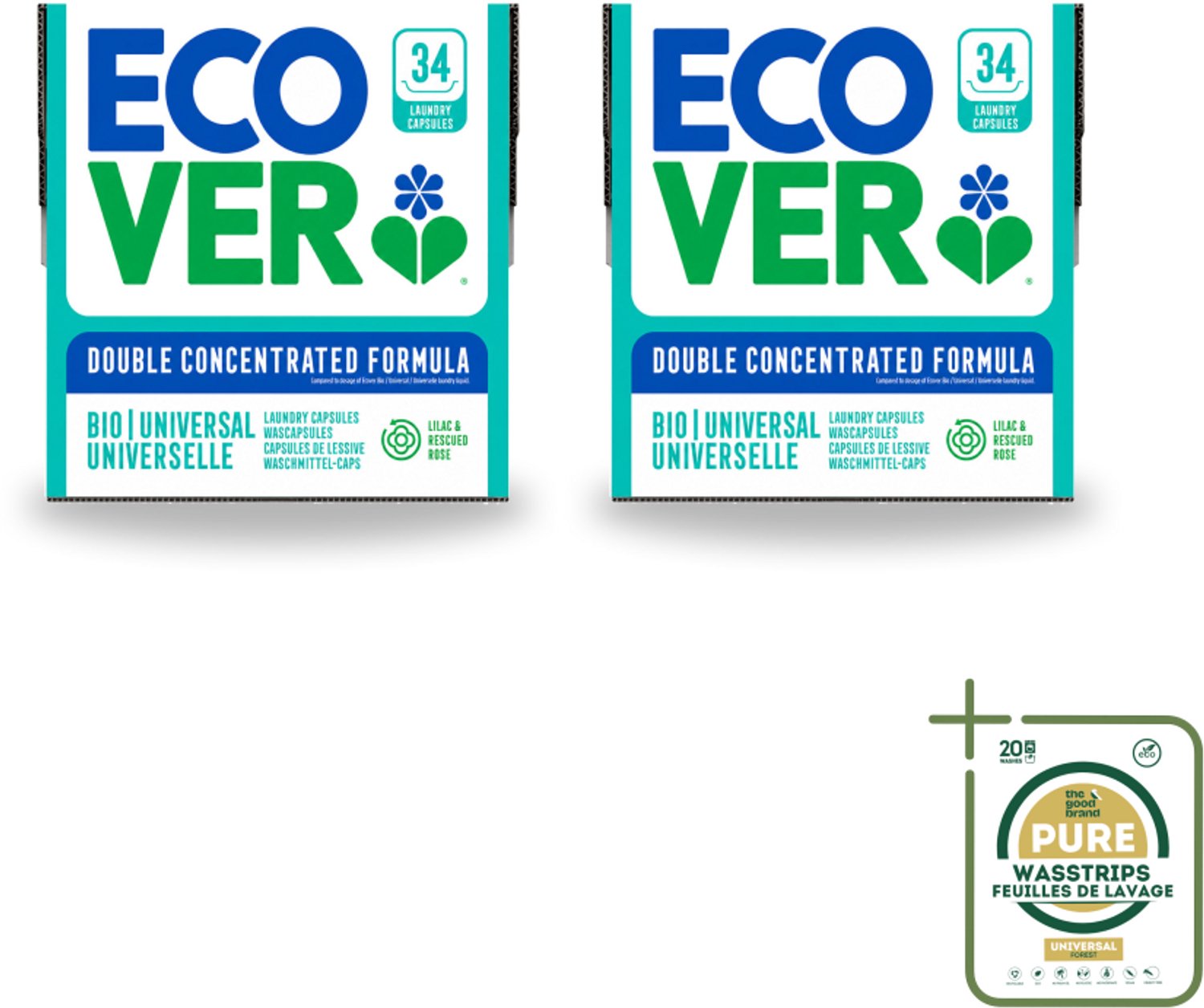 2 x Ecover - Waspods - Universeel - Geconcentreerde formule - 34 wasbeurten - Wasstrips - Wasmiddel - Waspods - Duurzame Was - Krachtige Reiniging - Wasbeurten