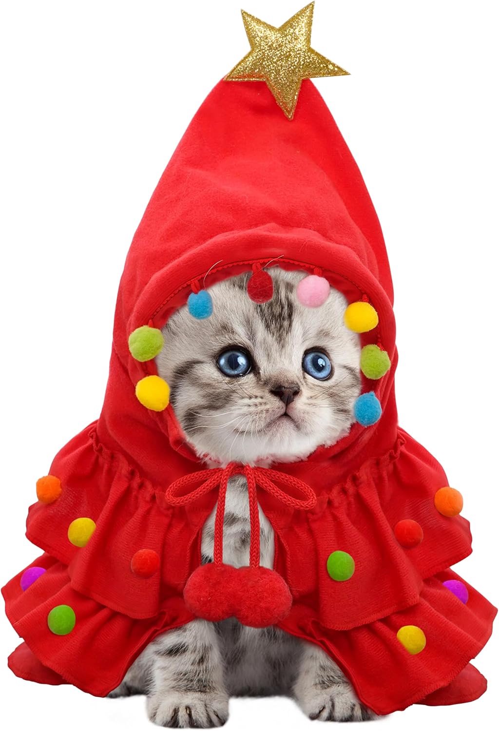 Kerstkostuum kerstfeest aankleden kleding cape met ster en pompons verstelbare cape (rood/S)