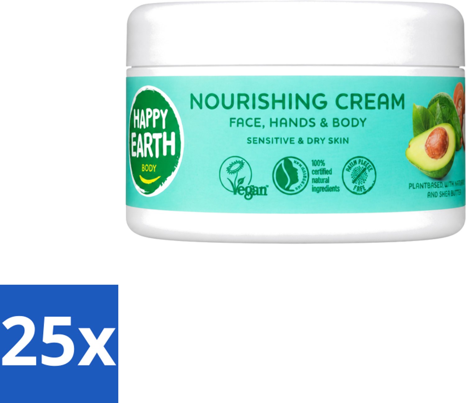 25 x Happy Earth – Voedende Crème – 100% Natuurlijk – 200 ml - Voordeelverpakking - 25 stuks
