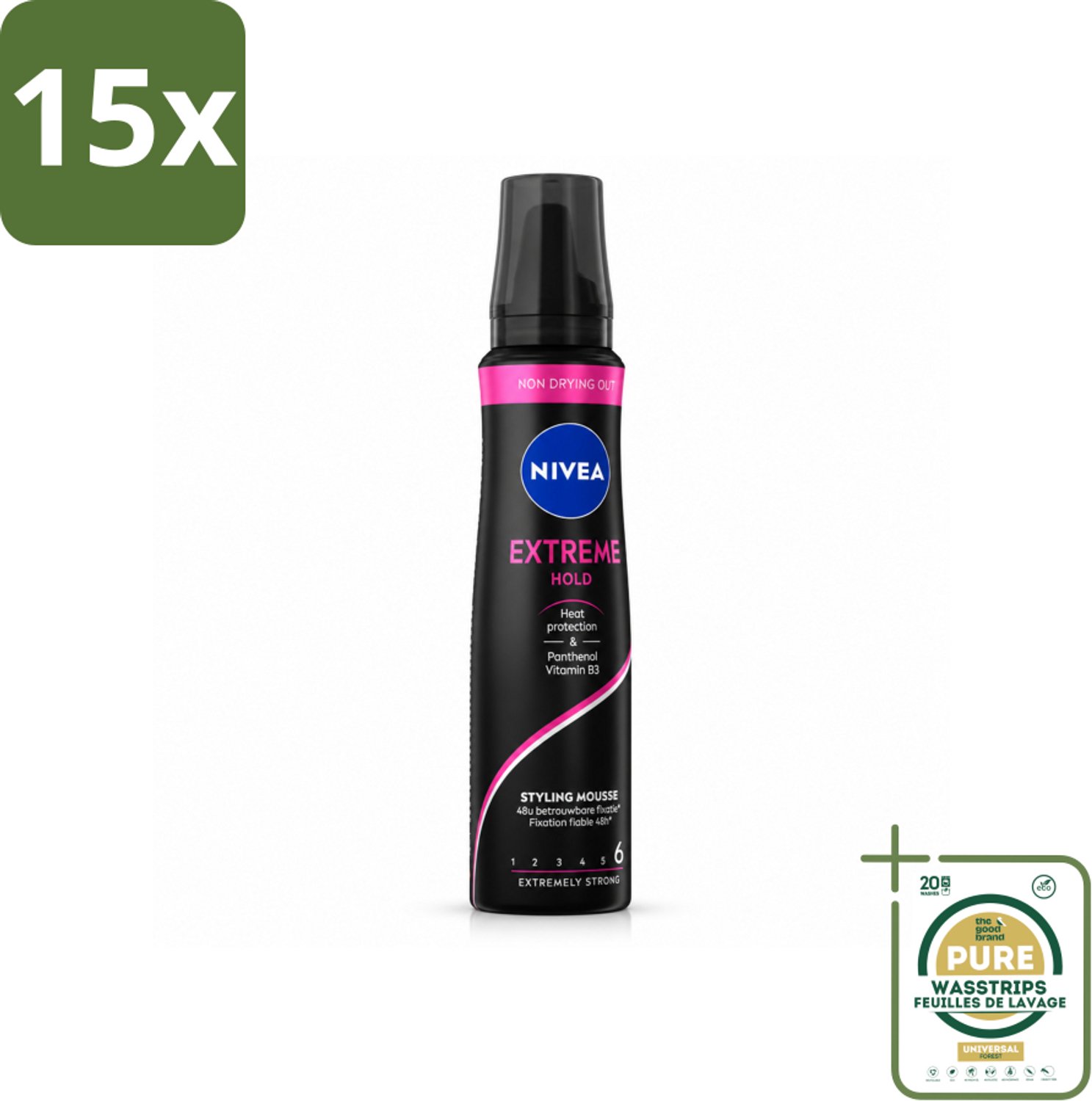 15 x NIVEA - Haarschuim - Extreme Stevigheid - 48 Uur Lang Bescherming - 150 ml - Wasstrips - Haarmousse Extreme Stevigheid - Haarmousse 48 Uur - Haarmousse Met Panthenol - Haarmousse Met Vitamine B3 - Haarmousse Zonder Siliconen
