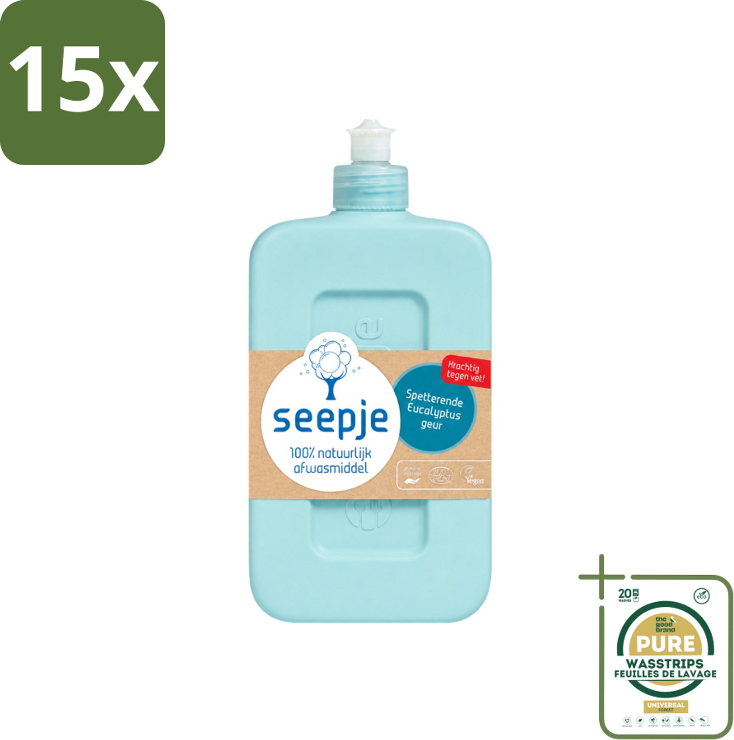 15 x Seepje - Afwasmiddel - Verfrissend & Zacht voor de Handen - Spetterende Eucalyptus - 500 ml - Wasstrips - Afwasmiddel - Eucalyptus - Handen Reinigen - Natuurlijk Afwasmiddel - Huidvriendelijk