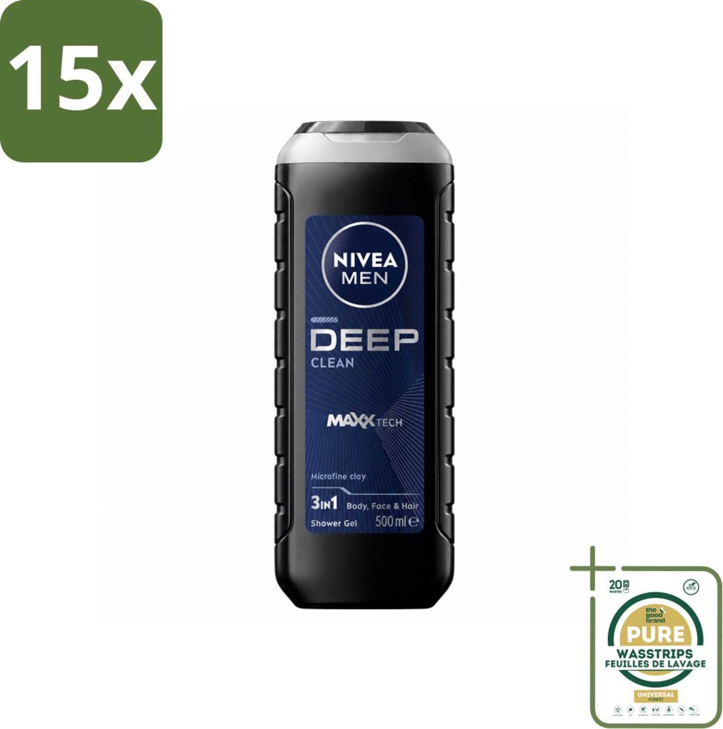 15 x NIVEA MEN - Douchegel - Deep Clean 3-in-1 - 500 ml - Wasstrips - Douchegel - Diepe Reiniging - Microklei - Mannelijke Geur - Gezicht En Haar Reinigen
