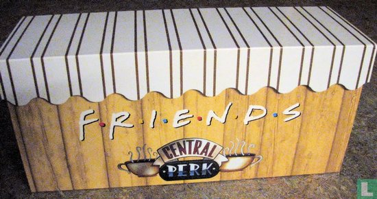 Friends opbergdoos met gestreept deksel en Central Perk logo op een houten achtergrond.
