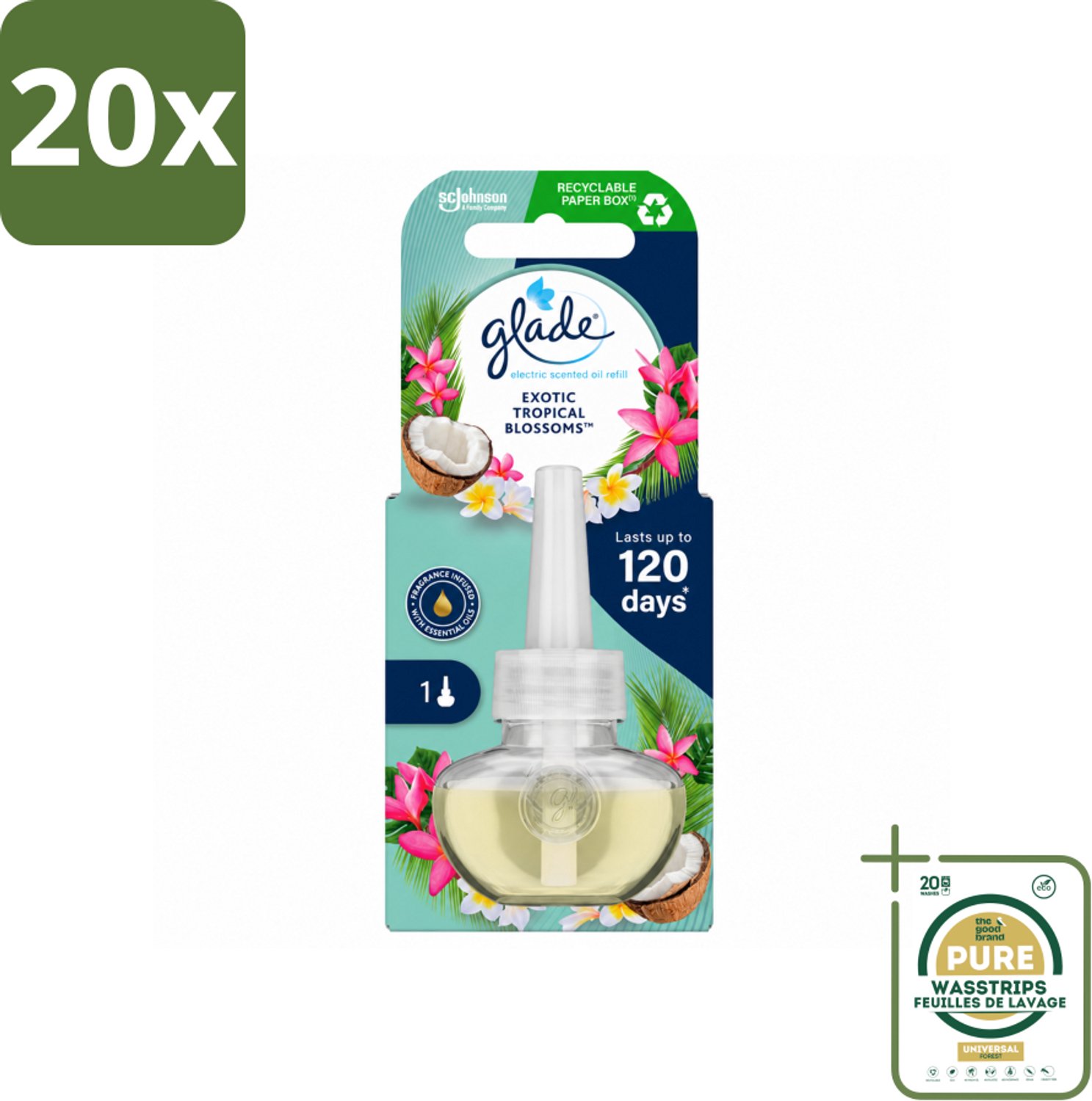 20 x Glade - Navulling Elektrische Olie - Exotic Tropical Blossoms - Zonder Houder - Wasstrips - Luchtverfrisser - Geur - Tropische Geur - Monoi Olie - Kokosmelk