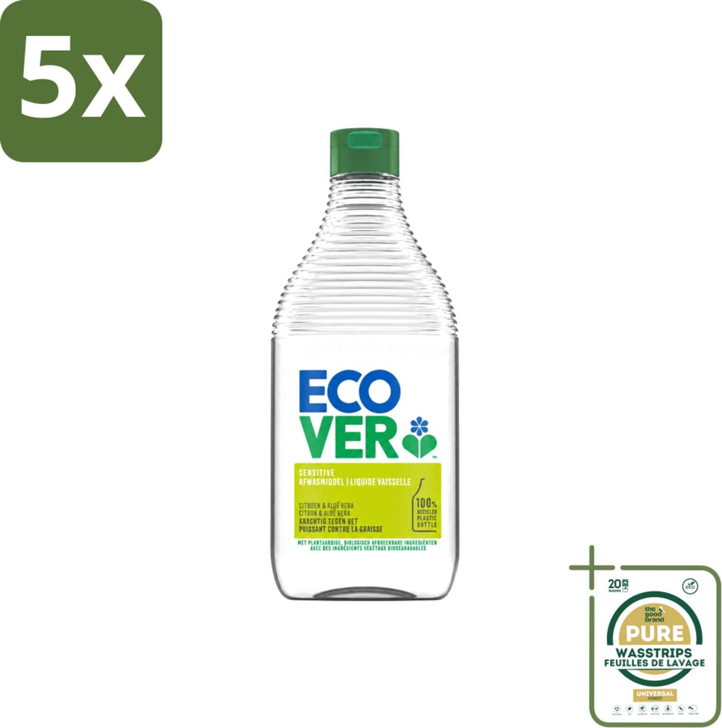 5 x Ecover - Afwasmiddel - Citroen & Aloë Vera - 450 ml - Wasstrips - Afwasmiddel Citroen Aloë Vera - Milieuvriendelijk Afwasmiddel - Plantaardig Afwasmiddel - Biologisch Afbreekbaar - Huidvriendelijk Afwasmiddel