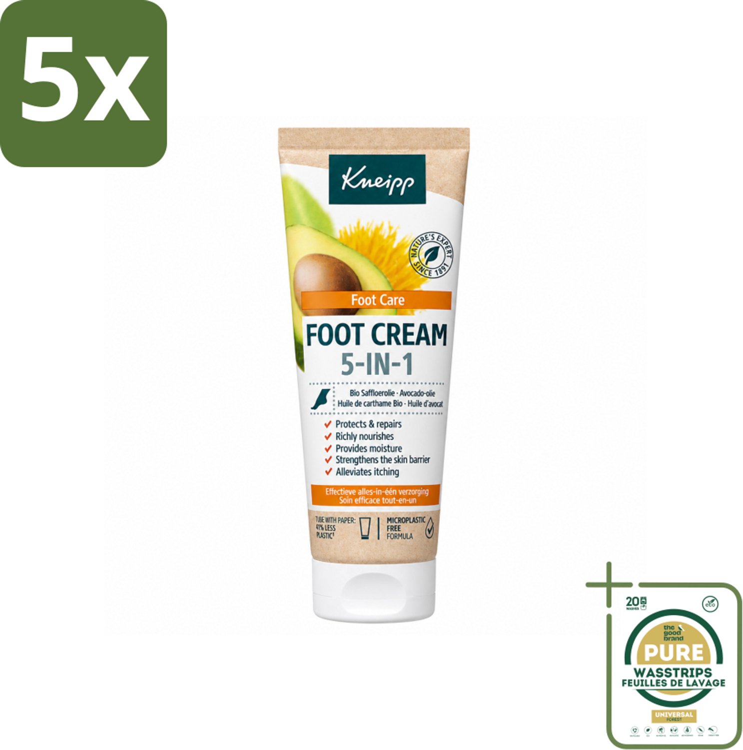 5 x Kneipp - Voetcrème 5‑in‑1 - Verlicht jeuk, hydrateert & herstelt - 75 ml - Wasstrips - Voetcrème - Voetverzorging - Voeten Hydrateren - Jeuk Verlichten - Voeten Herstellen