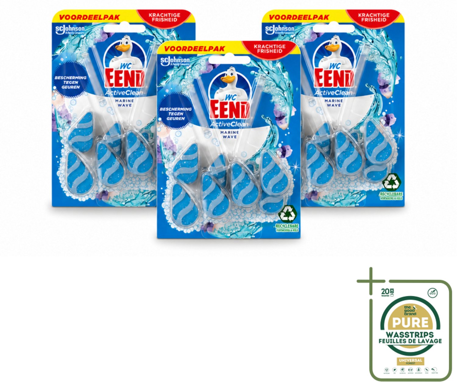 3 x WC Eend - Active Clean Marine - Toiletblok Duopack - Meer Schuim & Frisheid - 2 Toiletblokken - Wasstrips - Toiletblok - Reiniging Toilet - Schuim Toilet - Fris Toilet - Kalkaanslag Bestrijden
