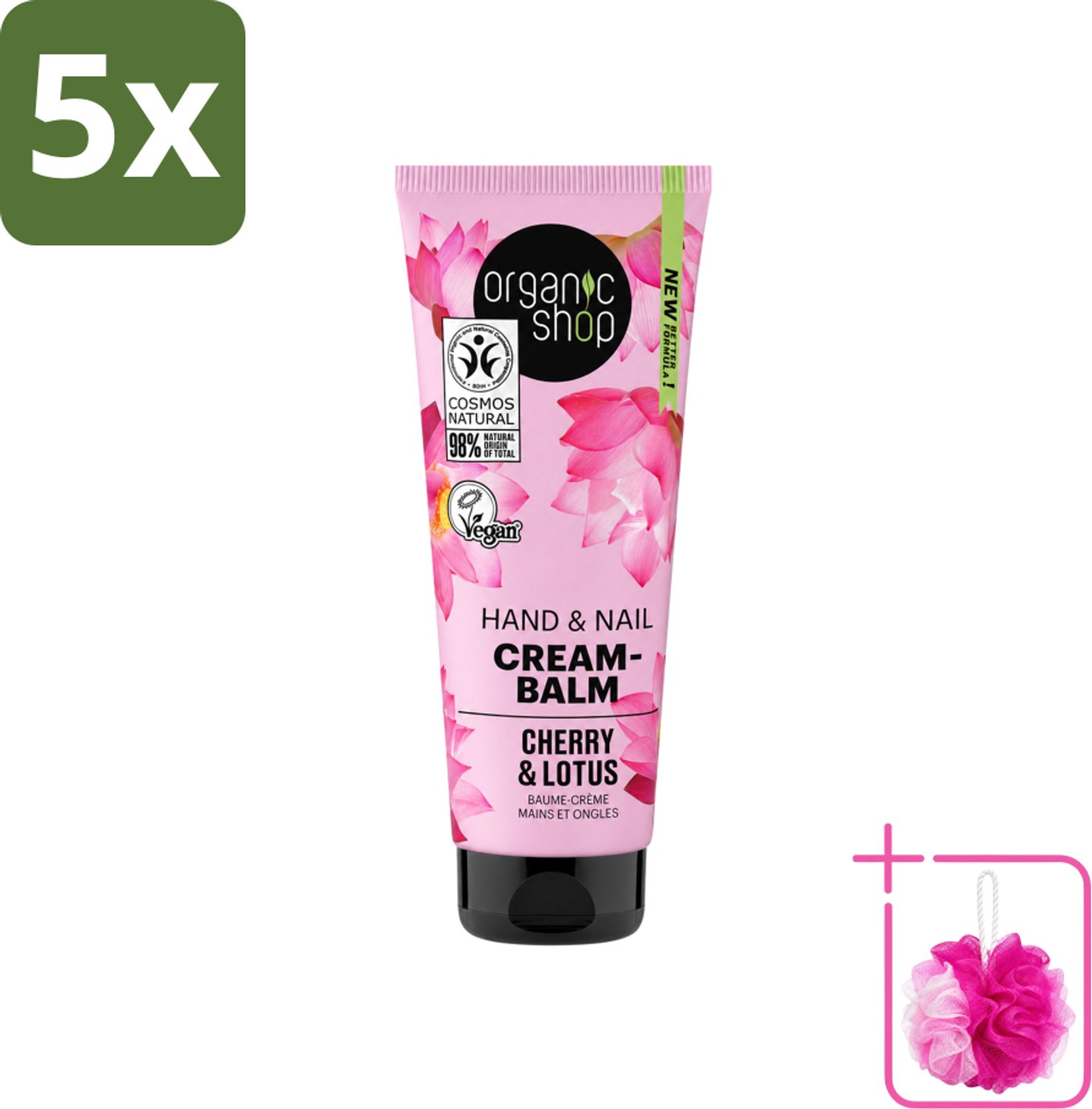5 x Organic Shop - Hand & Nail Cream - Cherry & Lotus - Verzorgend en Hydraterend - 75 ml - Bulkverpakking - Handcrème - Douchemop - Nagelverzorging
