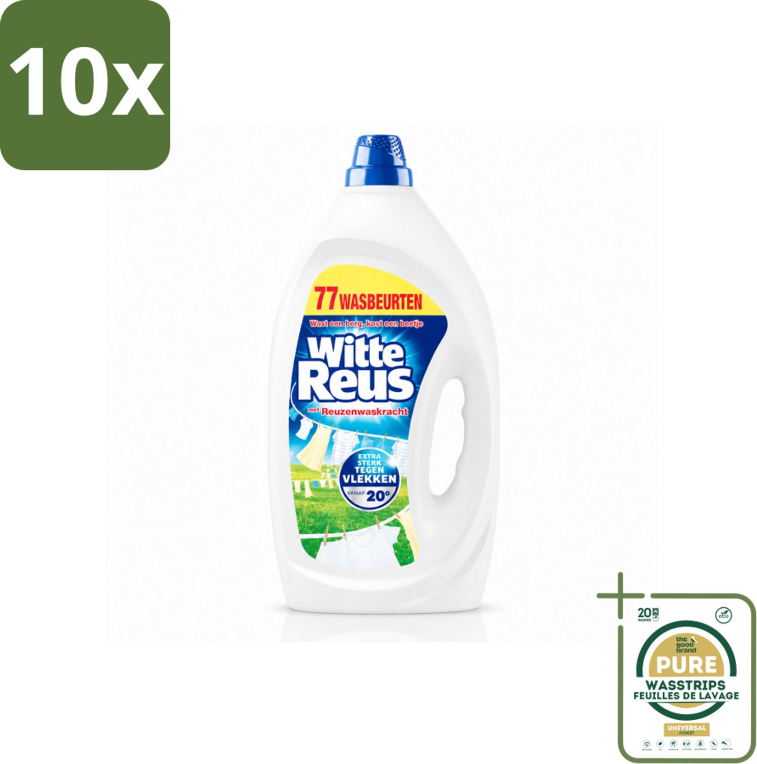 10 x Witte Reus - Vloeibaar Wasmiddel - Witte Was - 77 Wasbeurten - Wasstrips - Witte Was - Vloeibaar Wasmiddel - Vlekken Verwijderen - Was Kracht - Was Vanaf 20°C