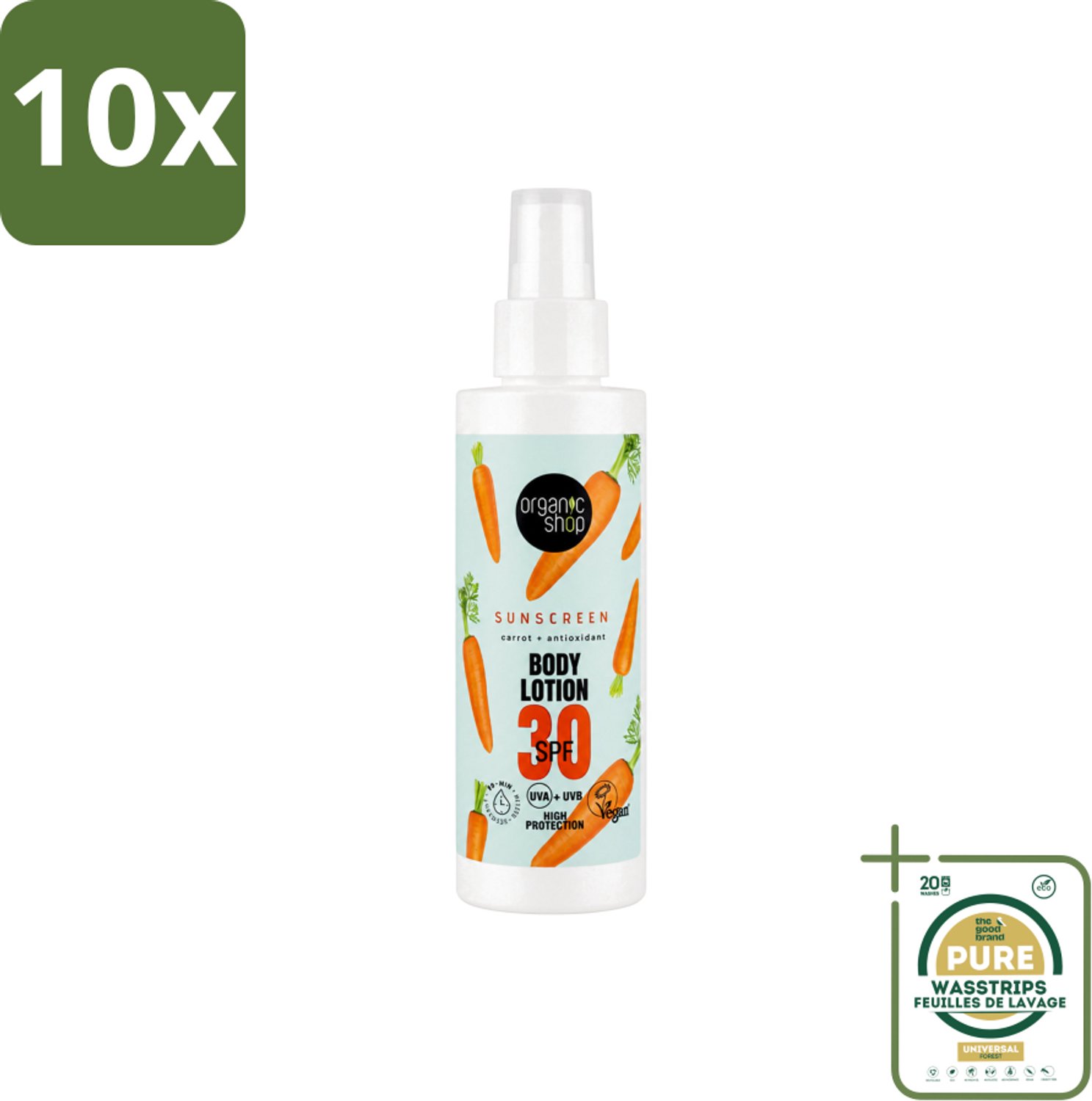 10 x Organic Shop - Zonnebrandcrème SPF 30 - Bescherming tegen de Zon - 150 ml - Wasstrips - Zonbescherming - Zonnebrandcrème - SPF 30 - Natuurlijke Zonbescherming - Antioxidanten