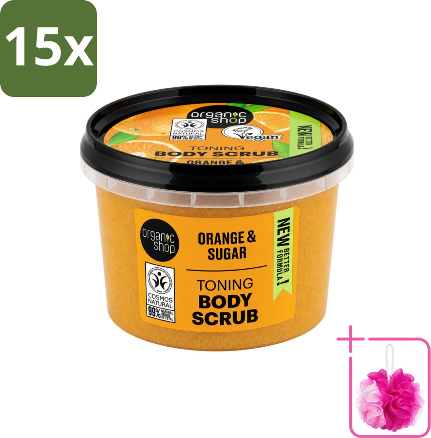 15 x Organic Shop - Body Scrub Orange - Verzorgend en Geurend - 250 ml - Bulkverpakking - Bodyscrub - Douchemop - Huidverzorging