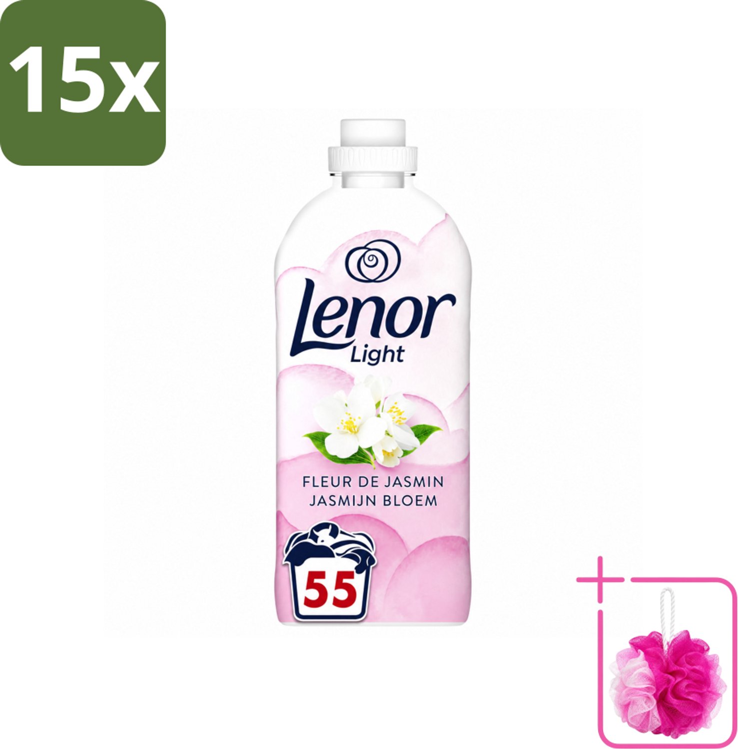15 x Lenor Light - Wasverzachter - Jasmijnbloem - Fris & Zacht - 55 Wasbeurten - Bulkverpakking - Wasverzachter - Douchemop - Jasmijn
