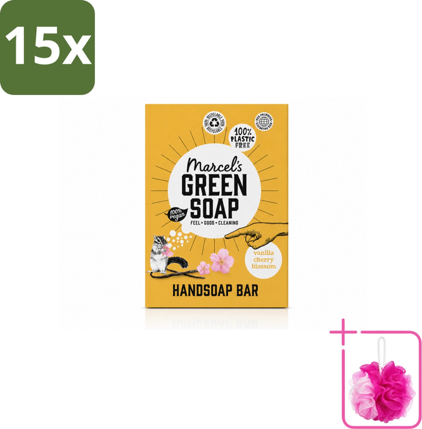 15 x Marcel's Green Soap - Handzeep Bar - Vanille & Cherry Blossom - Krachtige werking - 90 gr - Bulkverpakking - Handzeep bar - Douchemop - Plasticvrije handzeep