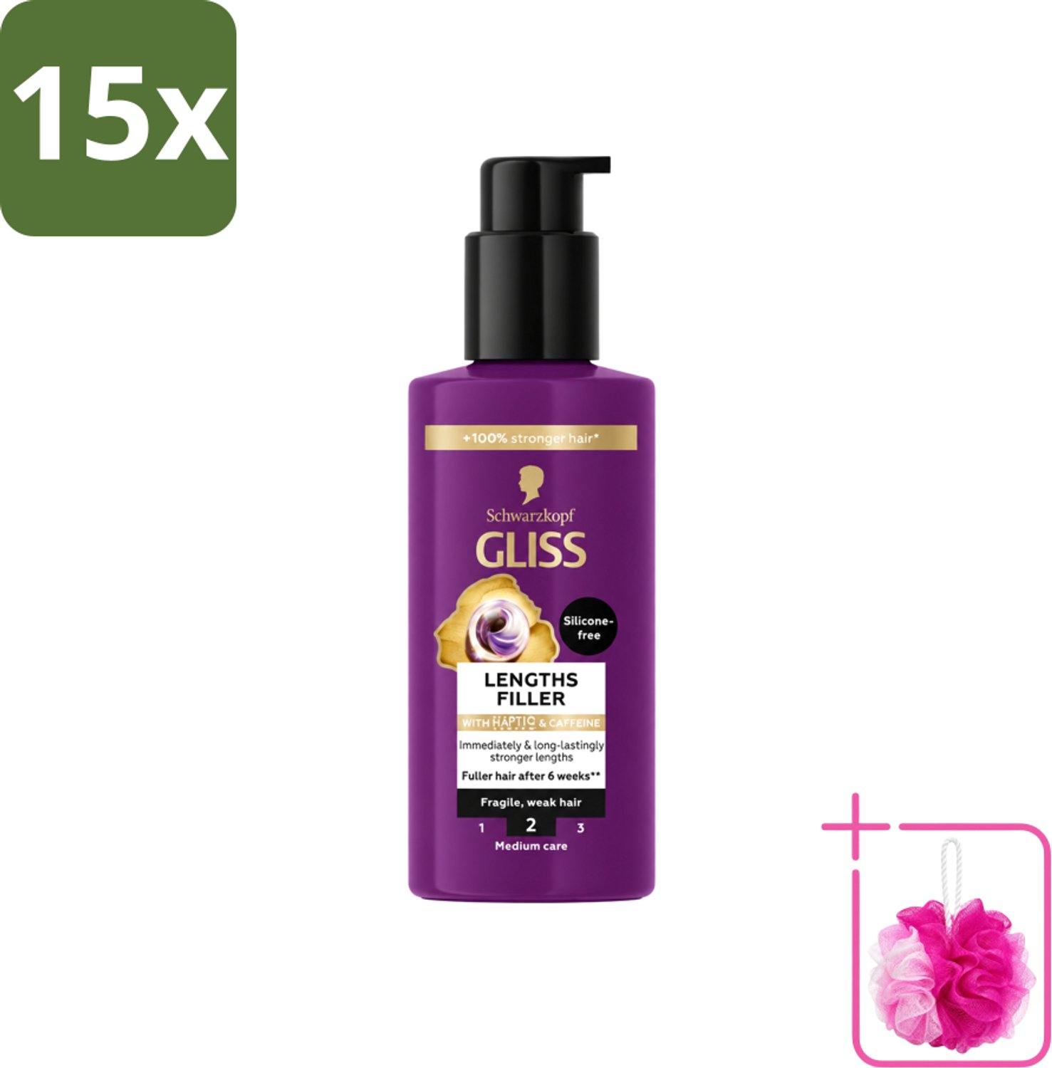 15 x Gliss - Haarserum - Lengths Filler - Siliconenvrij met Cafeïne - Voor Sterker Haar - 100 ml - Bulkverpakking - Haarserum - Douchemop - Cafeïne