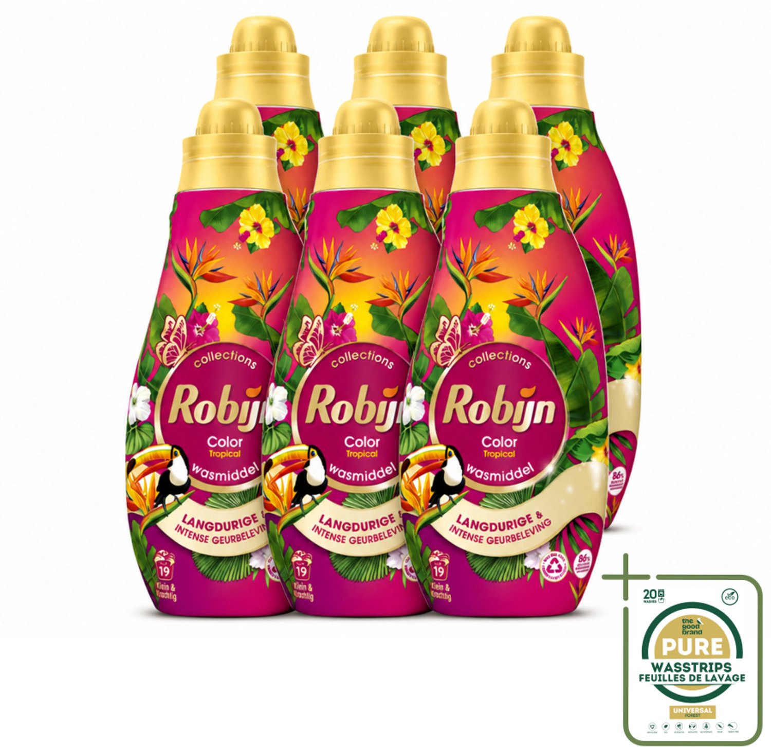 6 x Robijn - Klein & Krachtig Color Tropical - Wasmiddel - 19 Wasbeurten - 665 ml - Wasstrips - Kleurbehoud - Tropische Geur - Wasmiddel Voor Gekleurde Was - Vloeibaar Wasmiddel - Wasmiddel 665 Ml