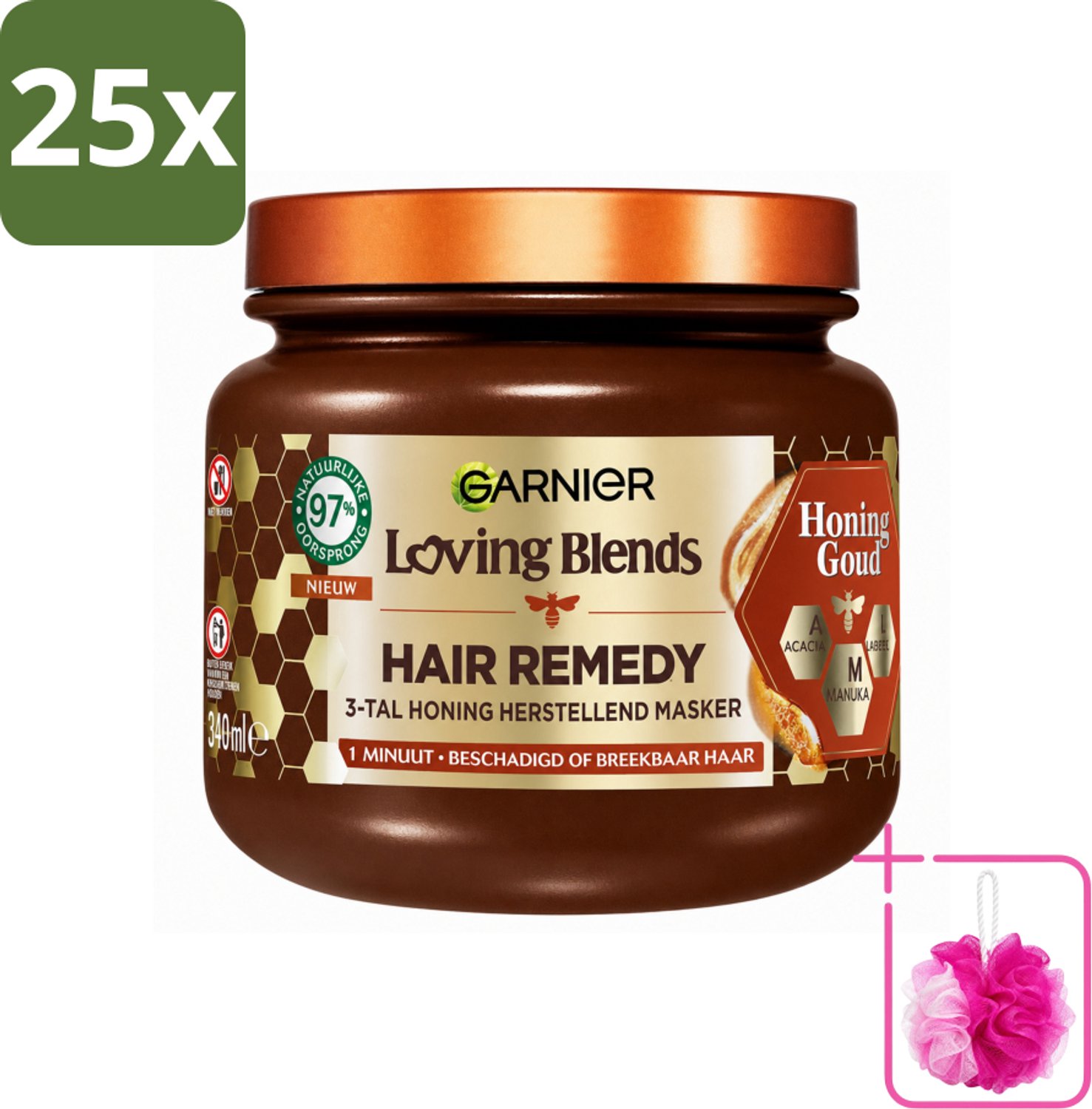 25 x Garnier - Loving Blends Honing Goud - Hair Remedy Haarmasker - Beschadigd & Breekbaar Haar - 340 ml - Bulkverpakking - Haarmasker - Douchemop - Haarherstel