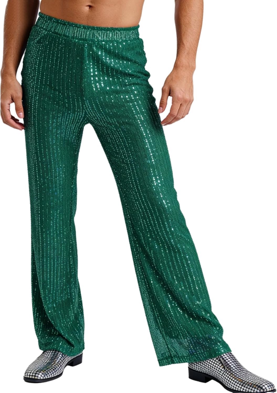 Paillettenbroek voor heren, lang, skinny fit, kostuumbroek, elastische taille, dansbroek, hippie, disco, jazz broek met slagthema, party, clubwear