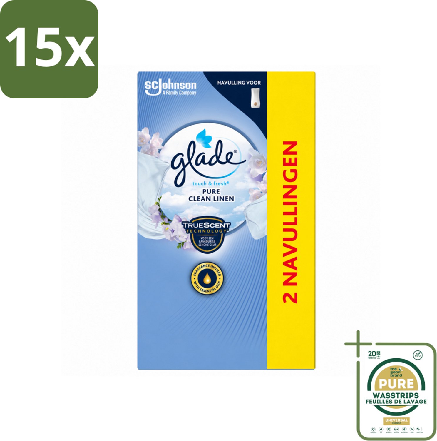 15 x Glade - Touch & Fresh Navulling - Pure Clean Linen - 2 × 10 ml - Wasstrips - Luchtverfrisser - Geur - Frisheid - Geurverspreiding - Geurhoudend