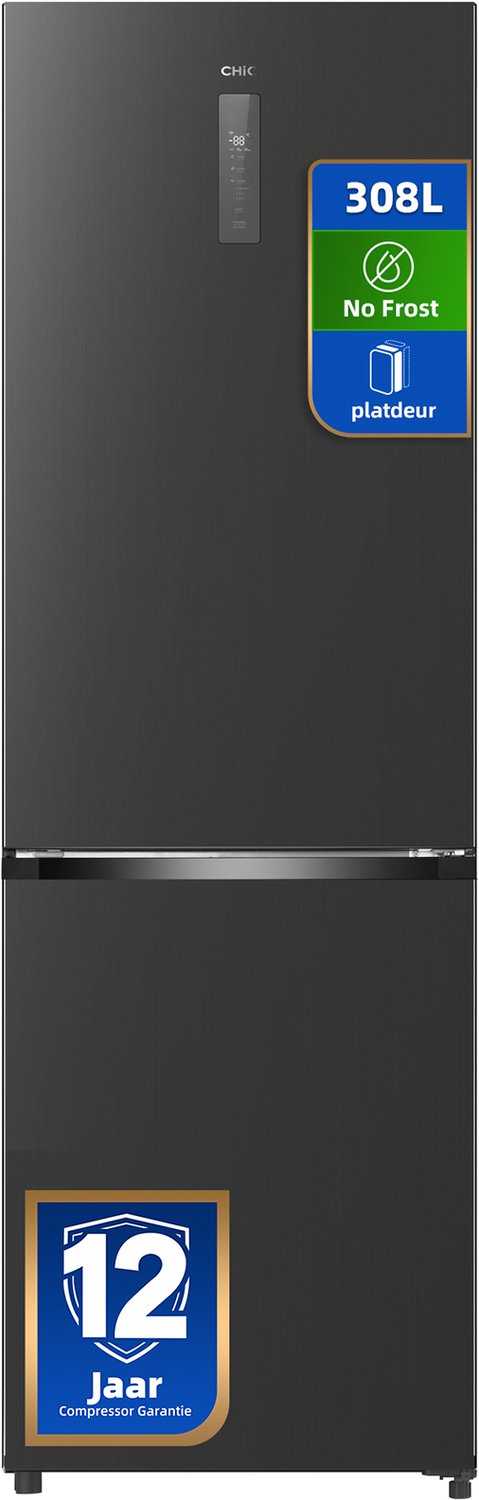 CHiQ CBM310NGC - Koel-vriescombinatie - 308 Liter - No Frost - Digitaal LED Display - C - Plat ontwerp - 185 cm hoog - Zeer stil: 33 dB - 12 Jaar Garantie op Compressor - 2026 Nieuw