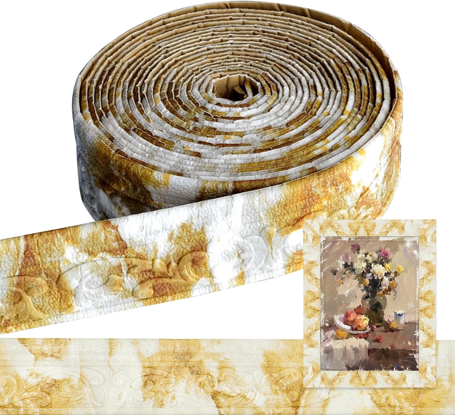 Rand, 8 cm (B) x 5 mm (D) x 10 m (L) - 3D-sierlijsten, zelfklevend, stuclijsten muur, waterdichte wandrand, lijsten, zelfklevend, voor hoeken, lijnen, plafonddecoratie, goudsteen