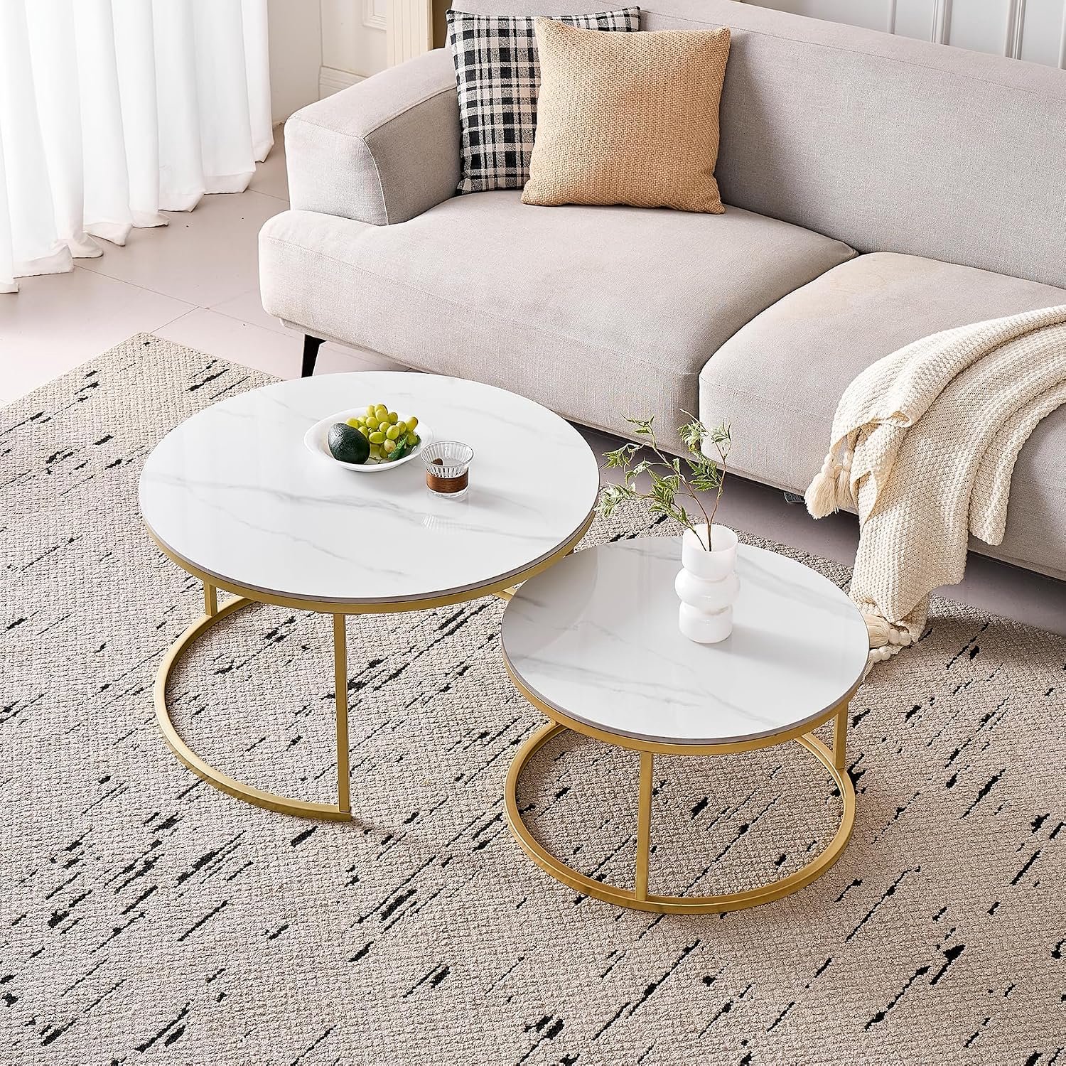 Set van 2 inschuifbare salontafels met keramisch stenen plateau, ronde salontafel, geschikt voor woonkamer, slaapkamer, kantoor en balkon (wit/goud), 70 * 70 * 45cm+50 * 50 * 35cm