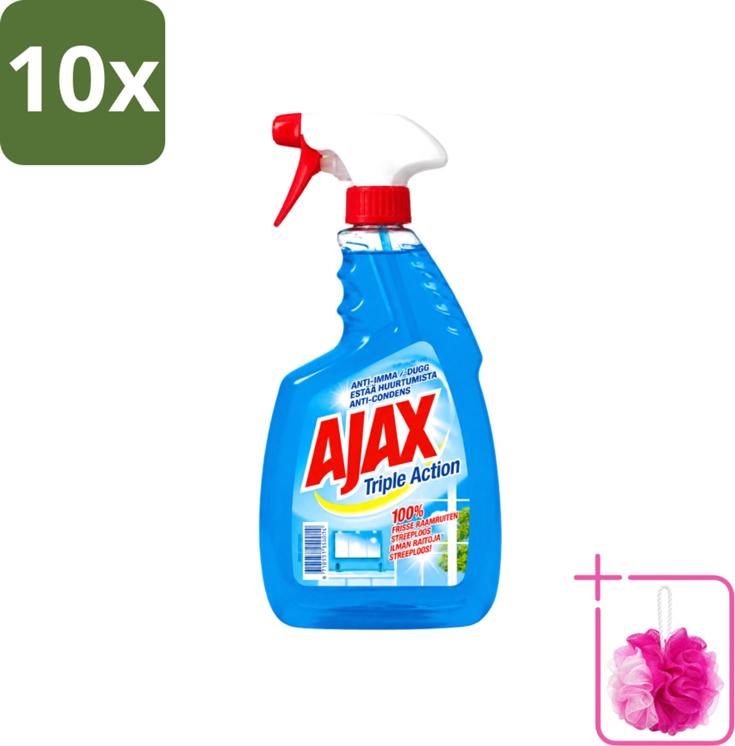 10 x Ajax - Glasreiniger Spray - Triple Action - Streeploos Schoon - Anti-Condens - 750 ml - Bulkverpakking - Glas reinigen - Douchemop - Ramen reinigen