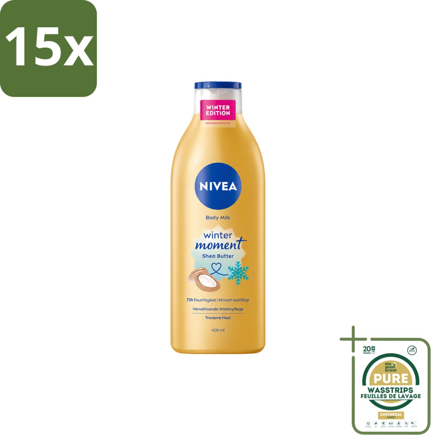 15 x Nivea – Bodymilk – Winter Moment – 400 ml - Wasstrips - Bodymilk Winter - Winter Bodymilk - Intensieve Winterverzorging - Huidbescherming Winter - Hydratatie Winter