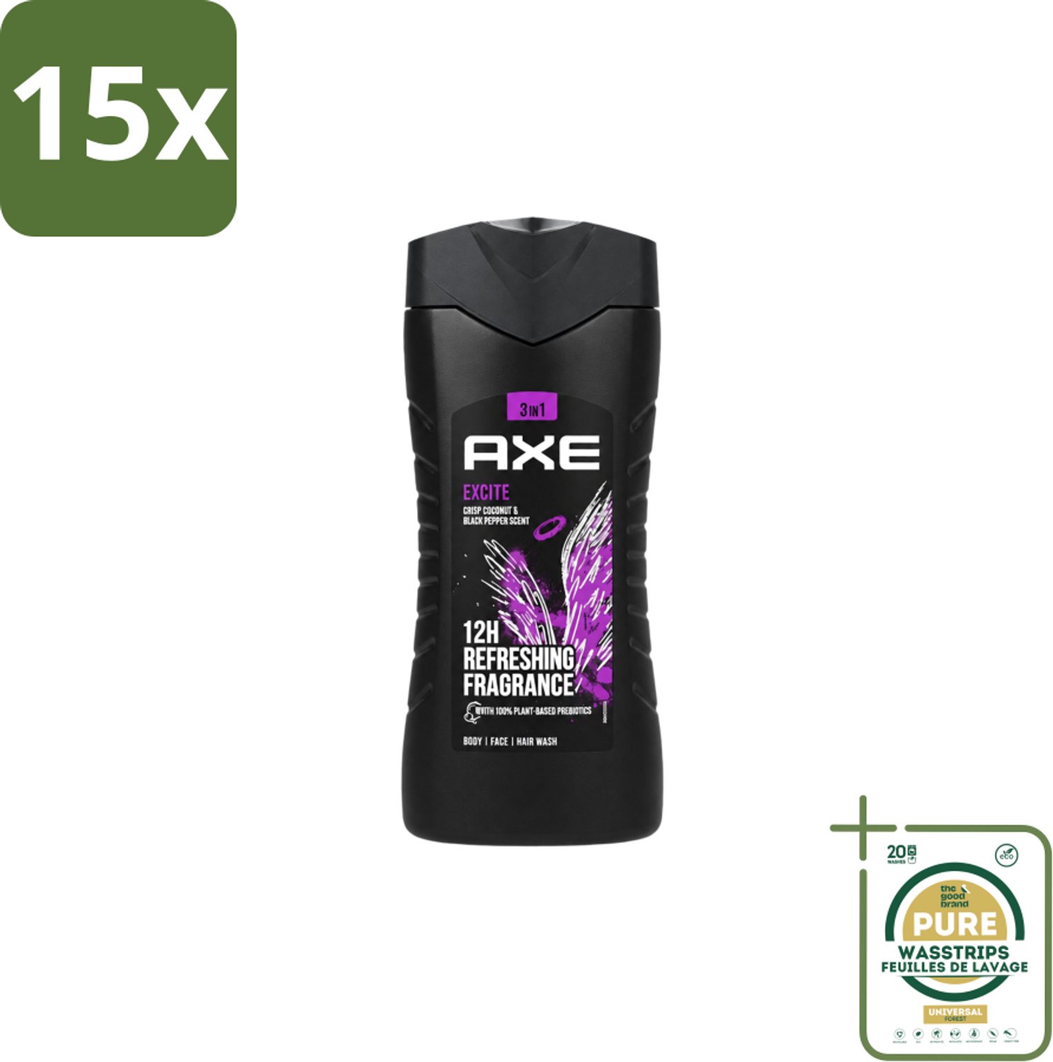 15 x Axe – Douchegel – Excite - 250 ml - Wasstrips - Douchegel - Douchegel Zwarte Peper Kokosnoot - Douchegel Voor Mannen - Douchegel Kruidige Geur - Douchegel Warm En Fris