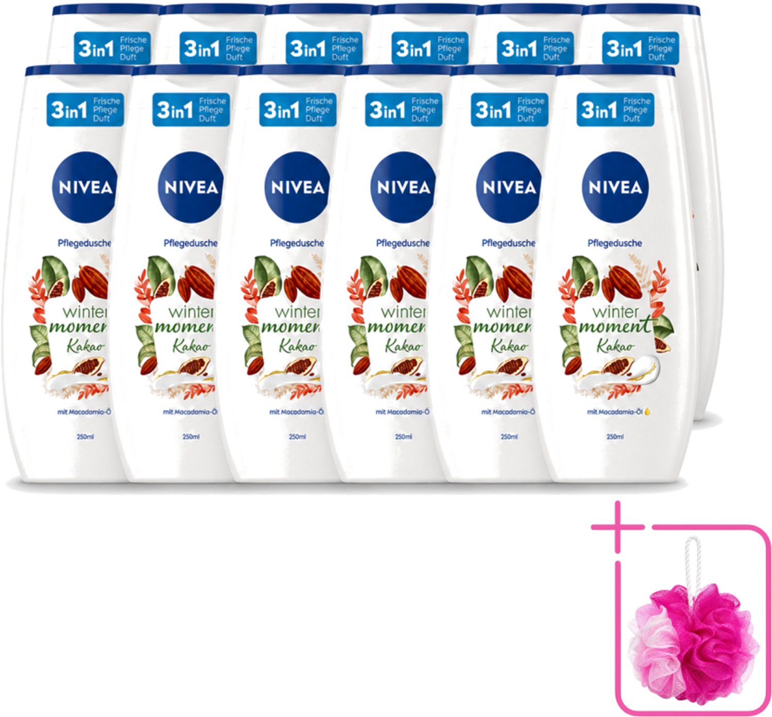 12 x Nivea - Douchegel - Winter Moment Cacao - 250 ml - Bulkverpakking - Douchegel winter - Douchemop - Verzorgende douchegel