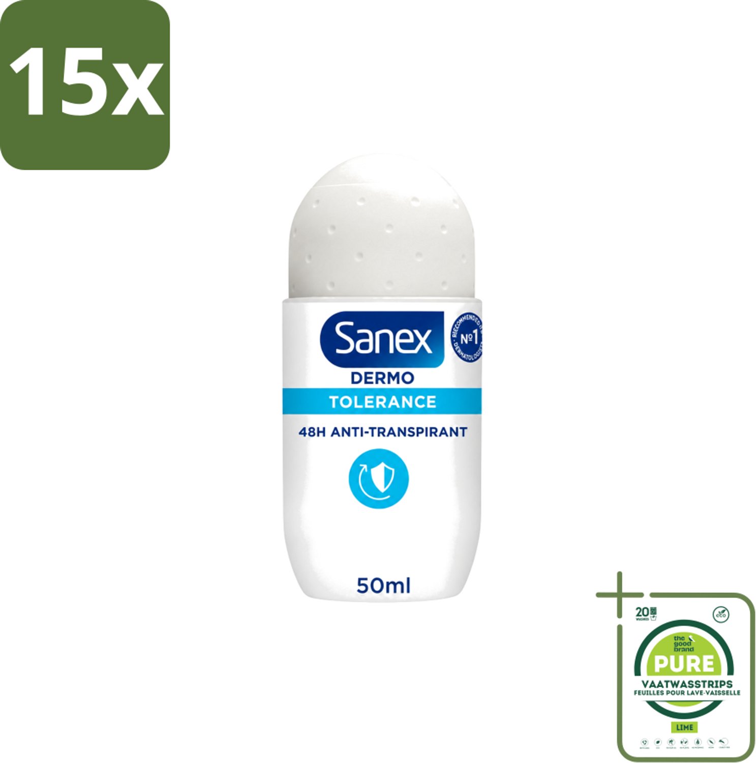 15 x Sanex – Deo Roll-on – Dermo Tolerance – 50 ml - Grootverpakking - Vaatwasstrips - Gevoelige Huid - Allergie - Huidverdraagzaamheid - Hypoallergen - Deodorant