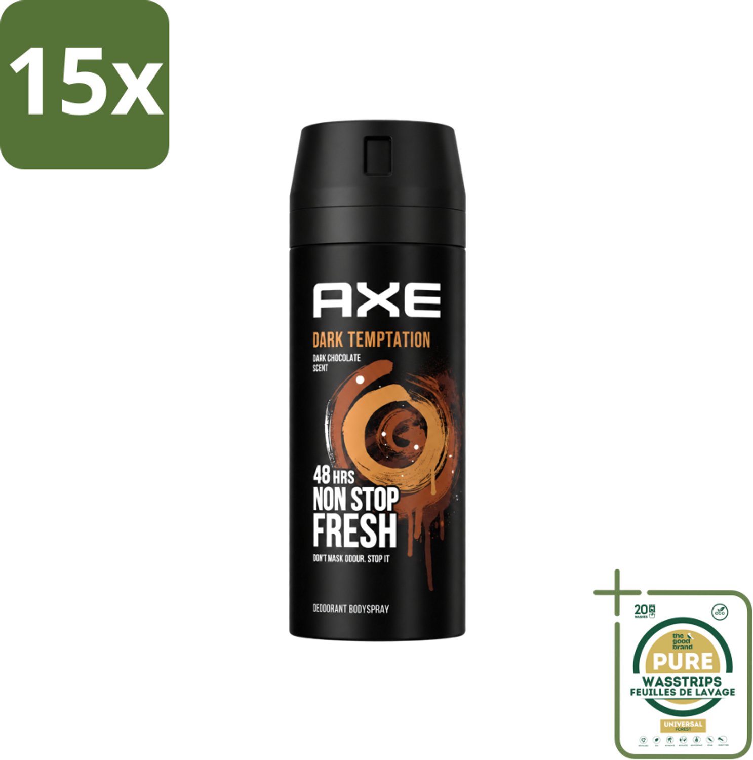 15 x Axe - Deodorant Bodyspray - 48hrs Non Stop Fresh - Dark Temptation - Dark Chocolate - 150 ml - Wasstrips - Axe Dark Temptation - Deodorant - Bodyspray - Chocolade Geur - Rode Peperkorrels