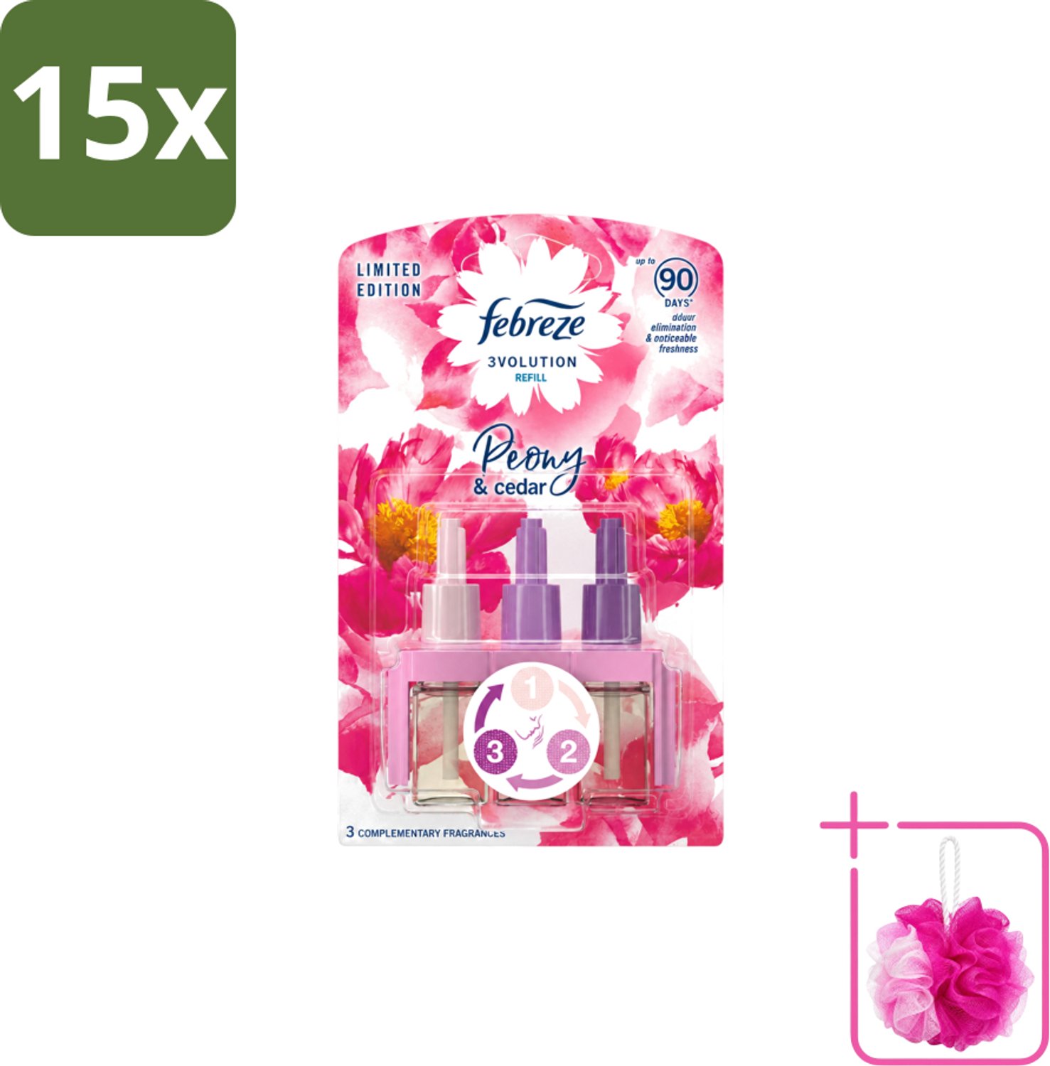 15 x Ambi Pur – Luchtverfrisser – 3Volution Peony & Cedar – Langdurig - Bulkverpakking - Luchtverfrisser - Douchemop - Elektrische luchtverfrisser