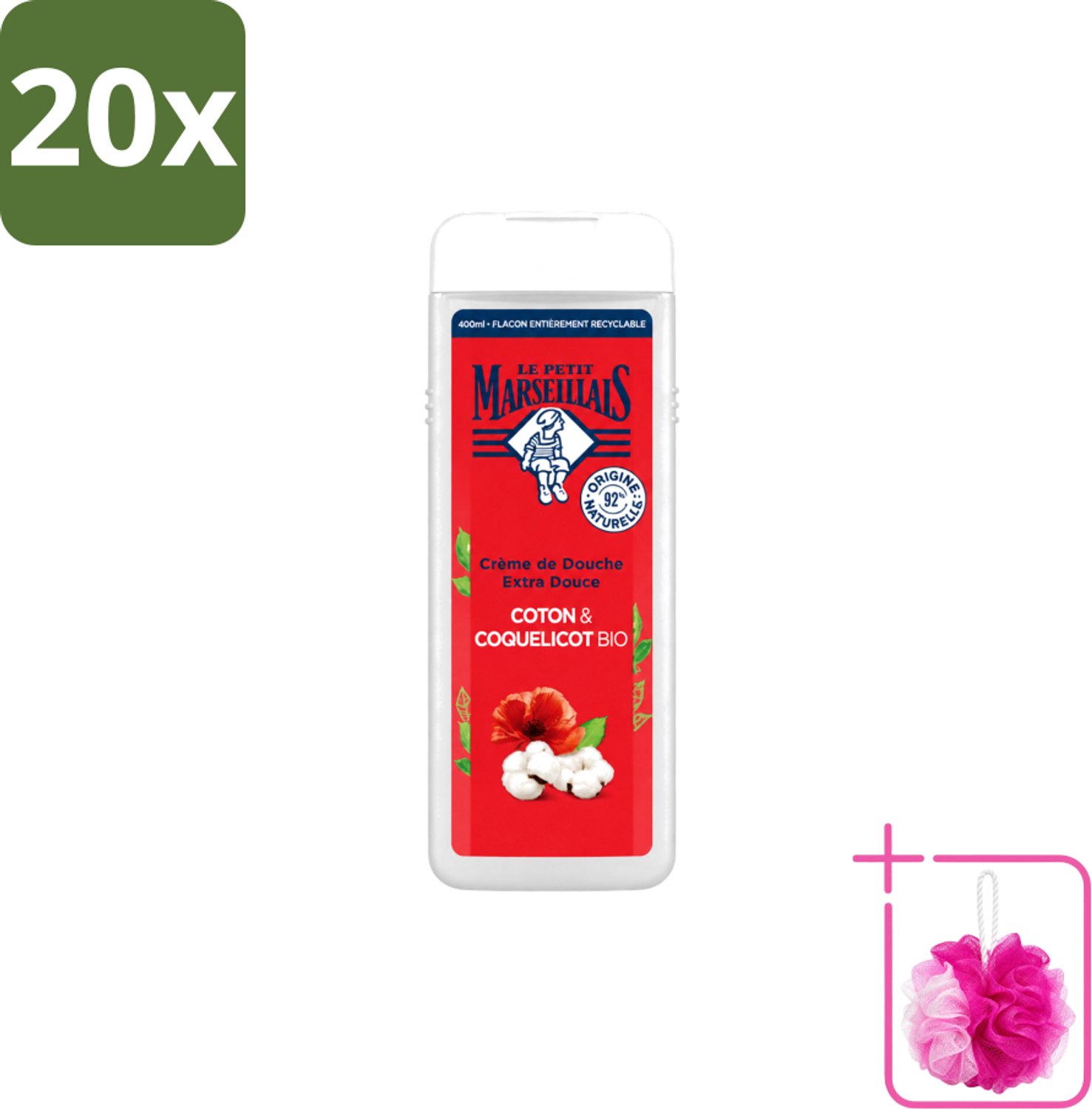 20 x Le Petit Marseillais – Douchegel – Bio Katoenmelk & Papaver – 400 ml - Bulkverpakking - Douchegel bio - Douchemop - Katoenmelk