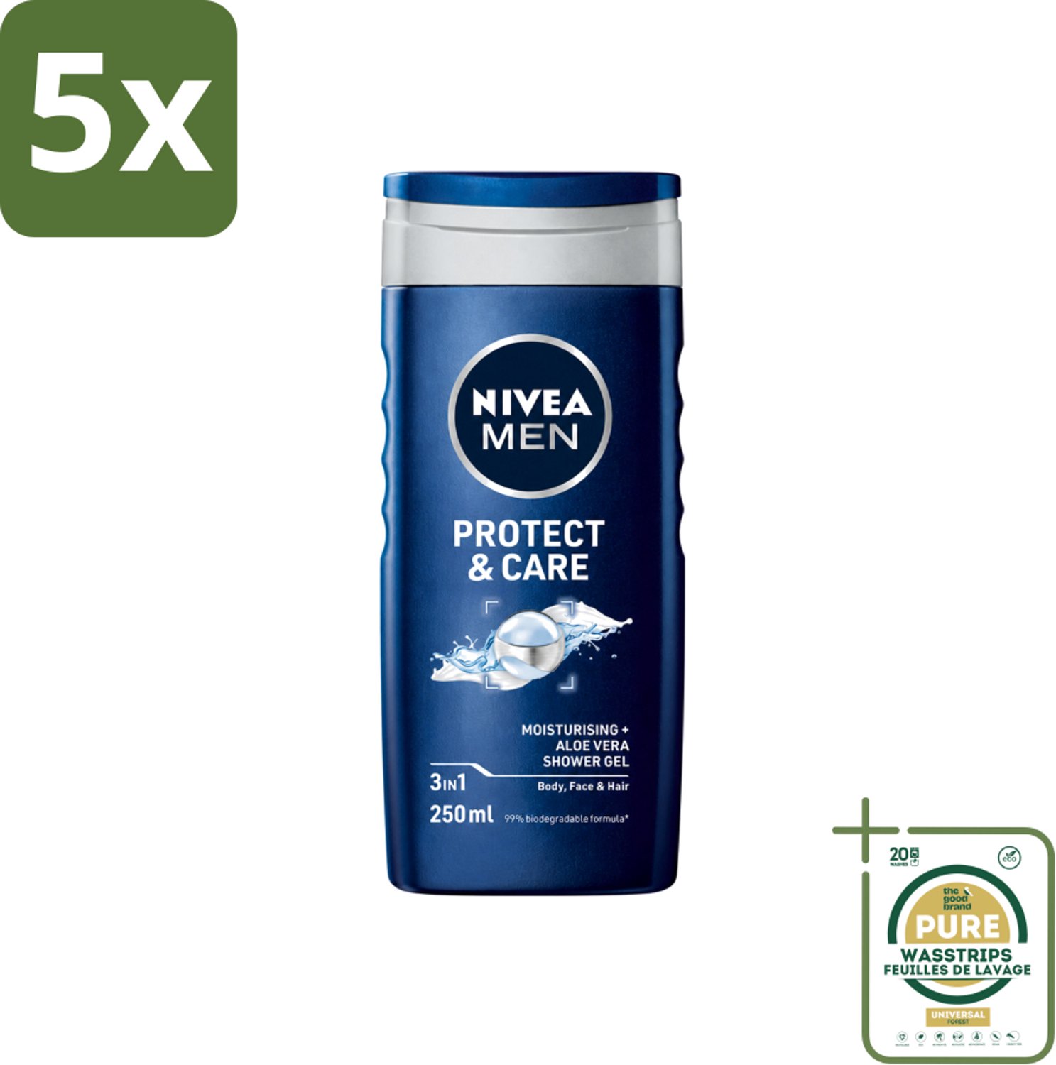 5 x Nivea - Men - Douchegel - Protect & Care - Met Aloe Vera 250 ml - Wasstrips - Douchegel Voor Mannen - Aloë Vera Douchegel - Lichaam En Haar Verzorging - Hydraatende Douchegel - PH-huidneutraal