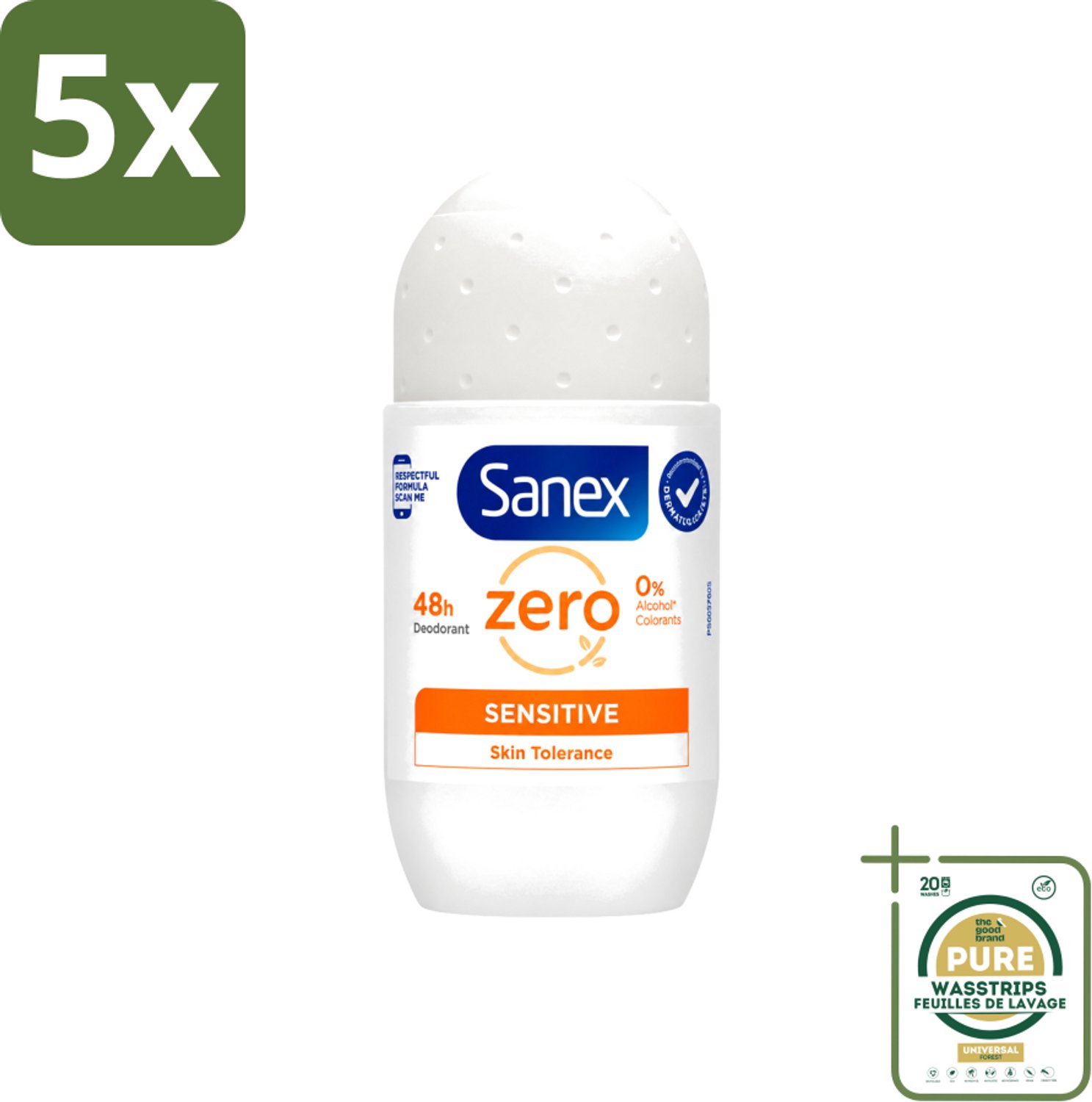 5 x Sanex - Deodorant - Roller - Zero% - Sensitive - Zonder Alcohol & Parabenen - 50 ml - Wasstrips - Sanex Deodorant Zero% Sensitive - Alcoholvrije Deodorant - Parabenenvrije Deodorant - Gevoelige Huid - Milde Deodorant