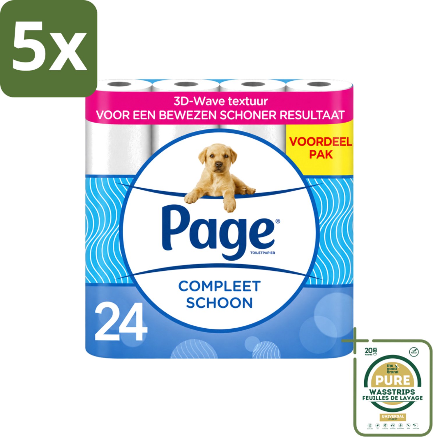 5 x Page - Compleet Schoon - Toiletpapier - 2-Laags - Comfortabel & Zacht - 24 Rollen - Wasstrips - Toiletpapier - 2-laags Toiletpapier - 3D Wave™ - Katoen - Hygiëne