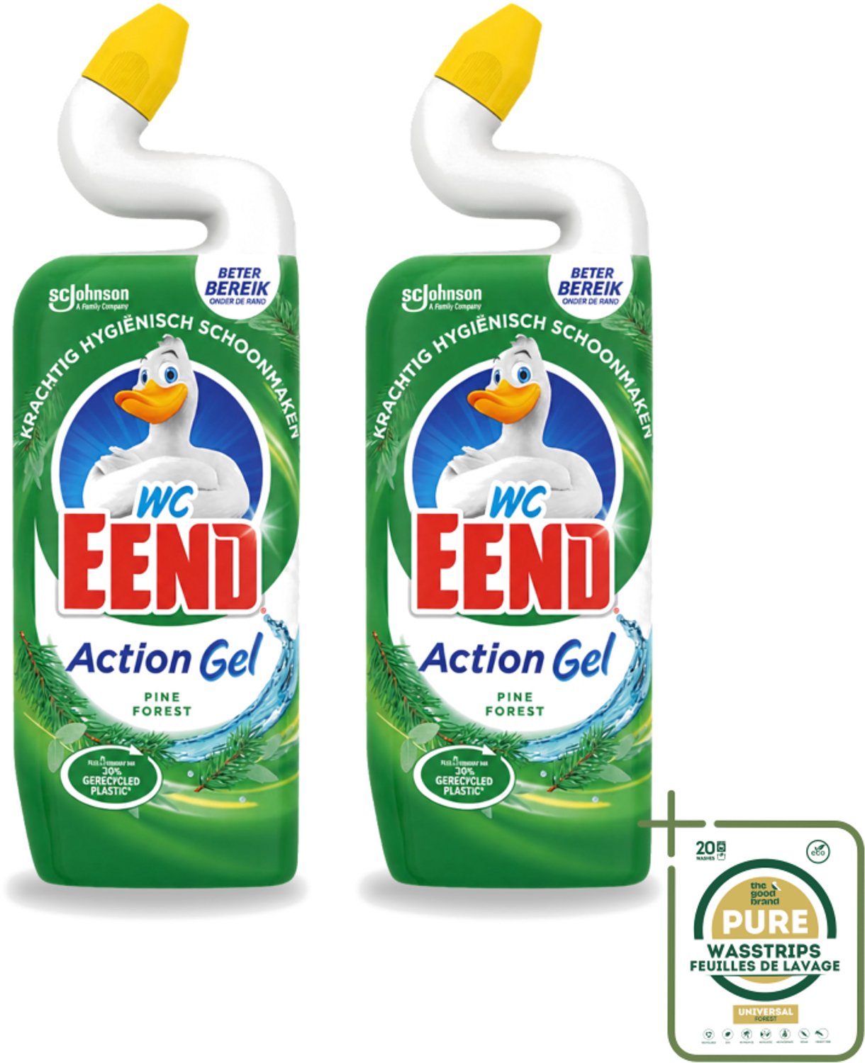 2 x WC Eend - Toiletreiniger - Action Gel - Pine Forest - Krachtige Reiniging & Frisse Dennengeur - 750 ml - Wasstrips - Toiletreiniger - Reinigingsgel - Kalkverwijdering - Urinesteen - Fris Ruiken
