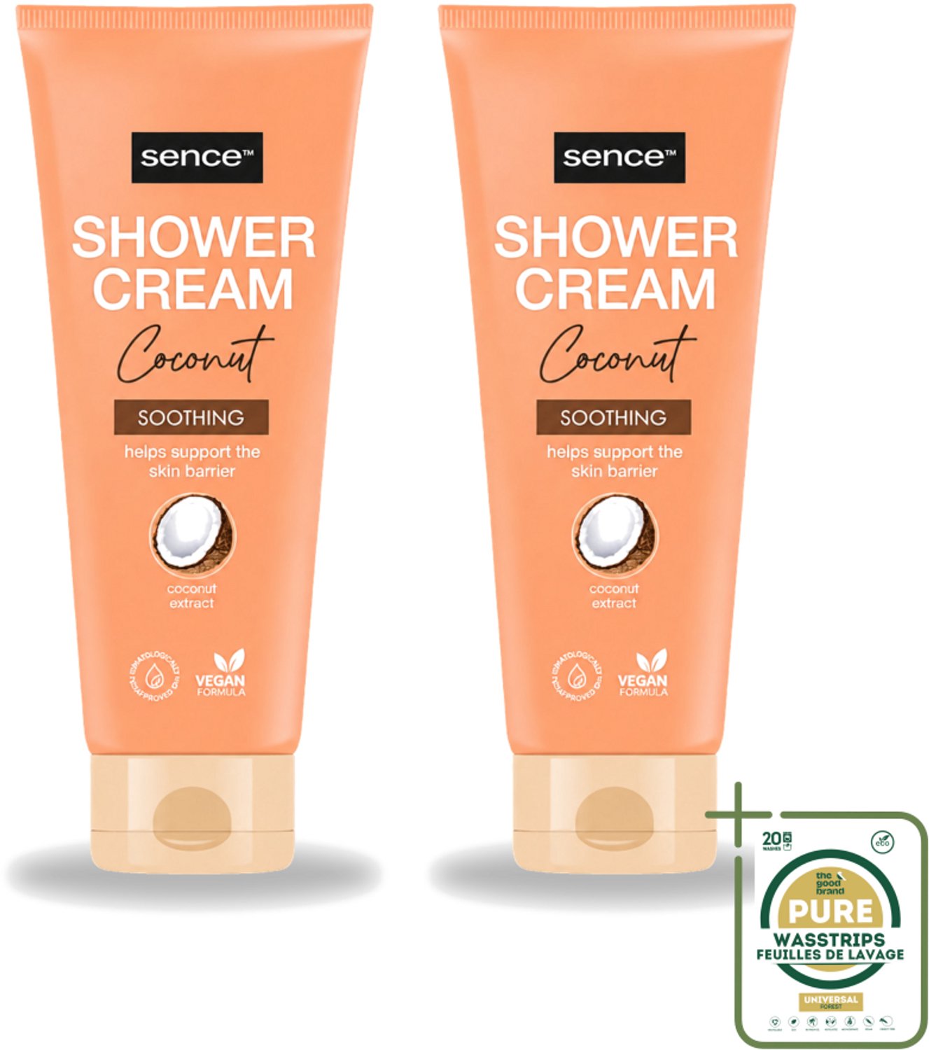 2 x Sence - Coconut - Douchecrème - Verzorgend - 200 ml - Wasstrips - Douchecrème Kokos - Kokosgeur - Verzorgende Douche - Huidverzorging - Hydraterende Douchecrème