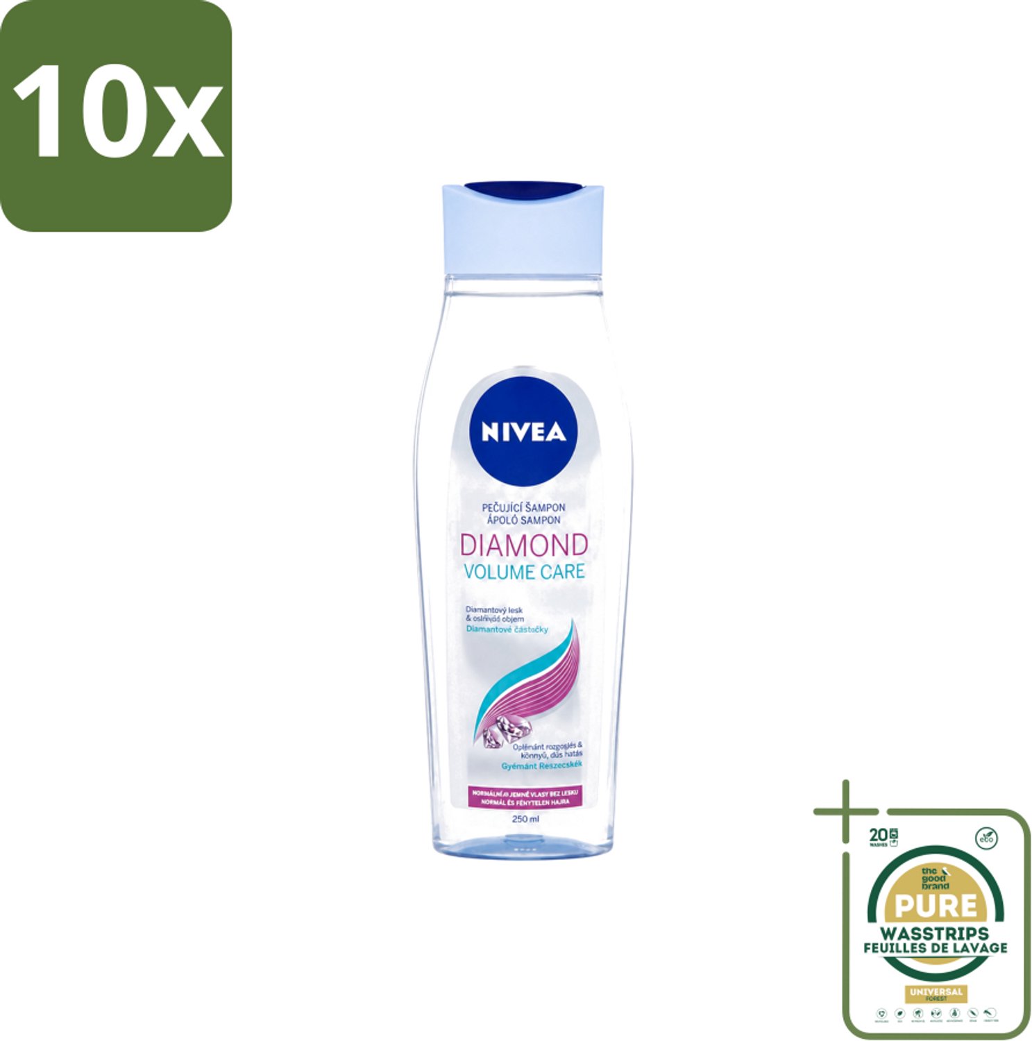 10 x Nivea - Diamond Volume Care Shampoo - 250 ml - Wasstrips - Volume - Glans - Diamantpoeder - Haar Verzorging - Haar Reinigen