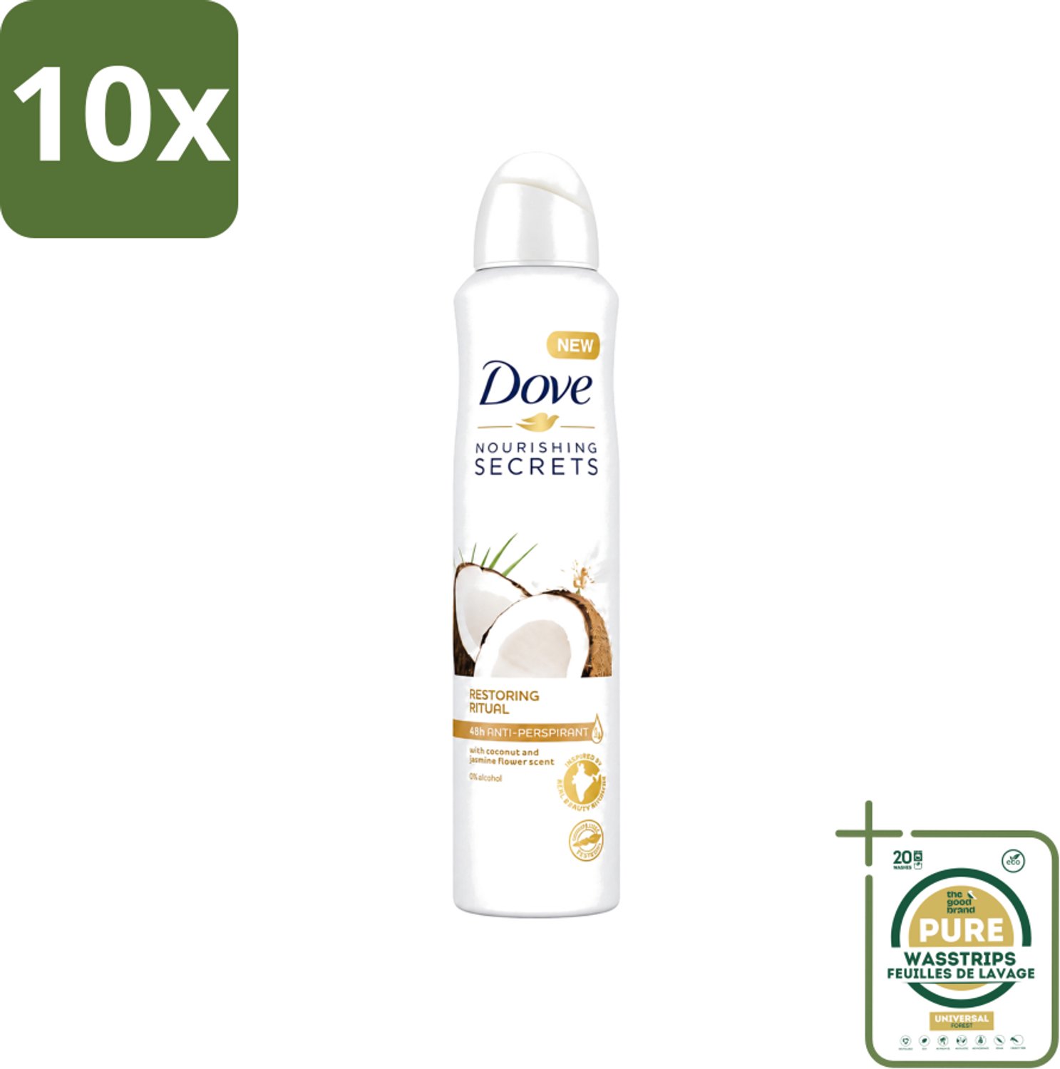 10 x Dove - Deodorant - Coconut & Jasmine Flower - Tropisch en verzorgend - 250 ml - Wasstrips - Dove Deodorant - Kokos En Jasmijn - Anti-transpirant Spray - Verzorgende Deodorant - Geur Van Kokos En Jasmijn