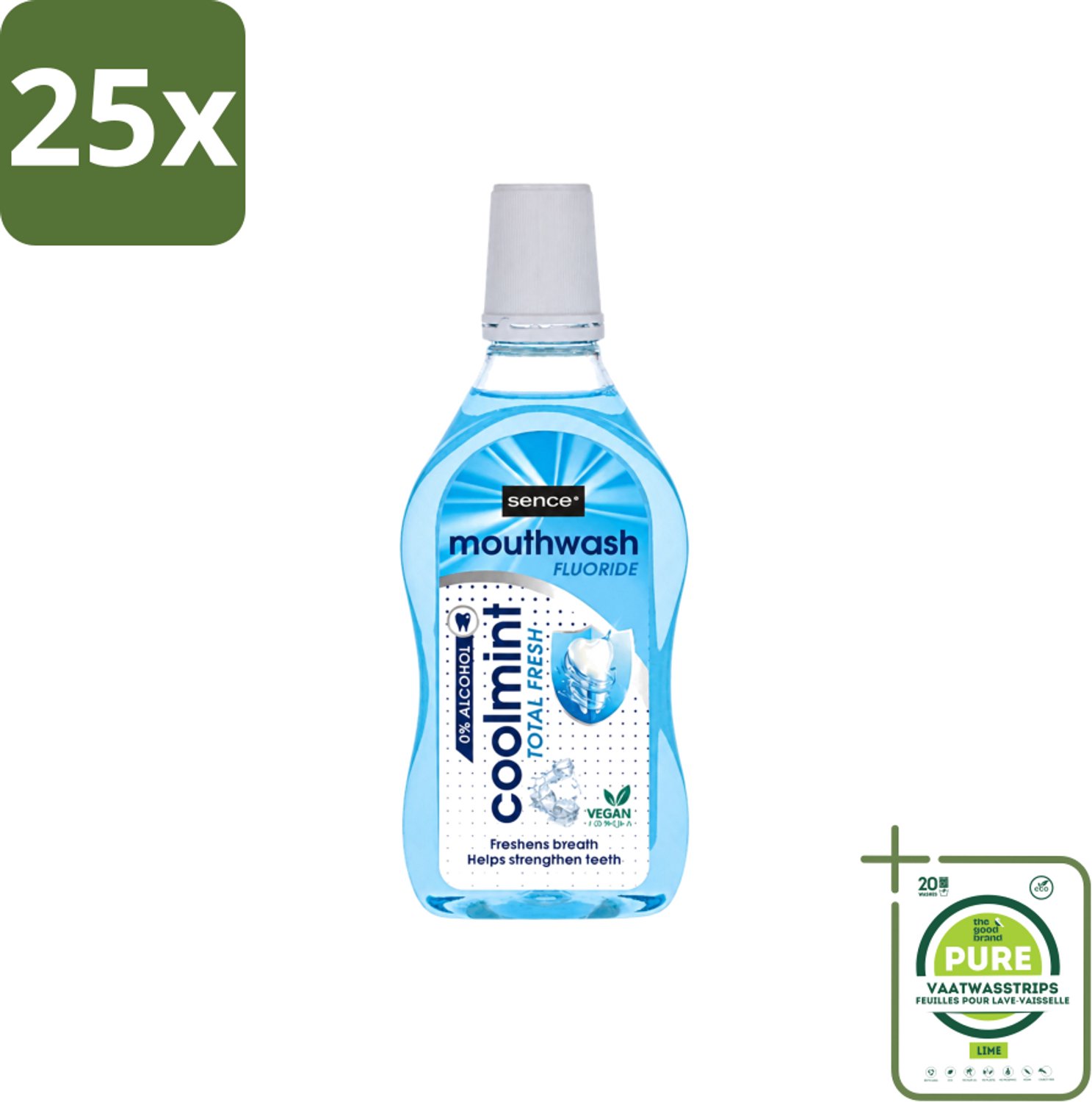 25 x Sence - Fresh Coolmint - Mondwater - Verfrissend - 500 ml - Grootverpakking - Vaatwasstrips - Mondwater - Frisse Adem - Koele Mint - Fluoride - Mondhygiëne