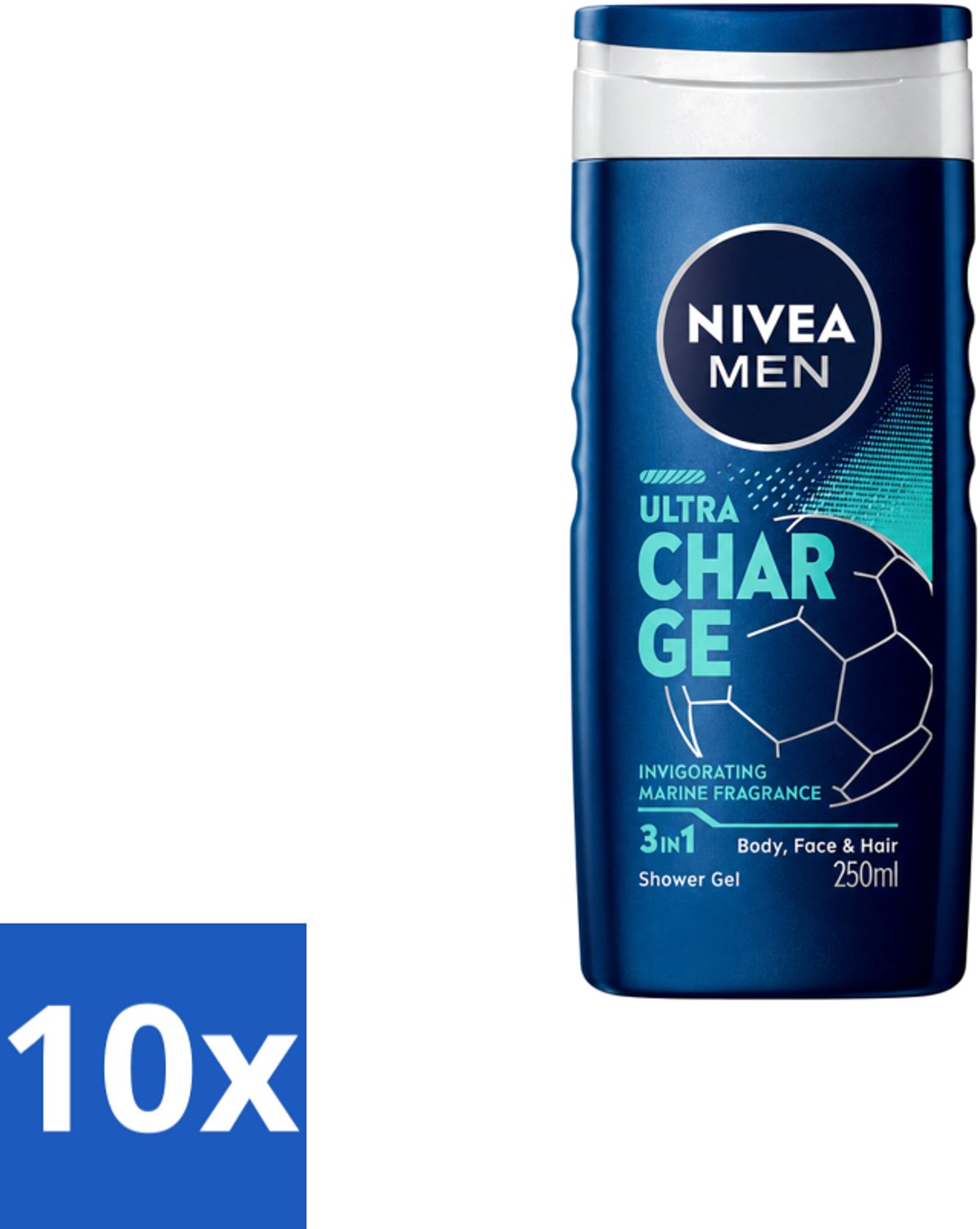 10 x Nivea Men – Douchegel – Ultra Charge – 250 ml - Voordeelverpakking - 10 stuks