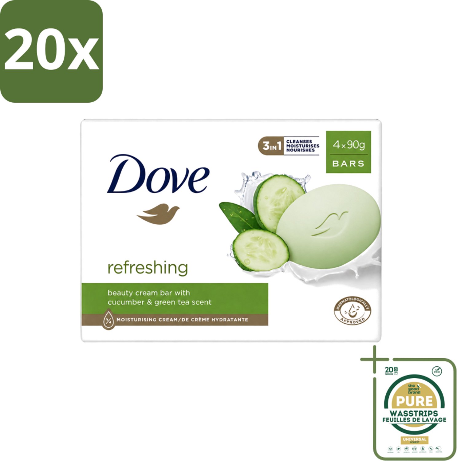 20 x Dove - Zeep - Go Fresh Touch - Komkommer & Groene Thee - Verfrissend - 4 x 90 gram - Wasstrips - Dove Zeep - Go Fresh Touch - Komkommer En Groene Thee - Verfrissende Zeep - Handzeep