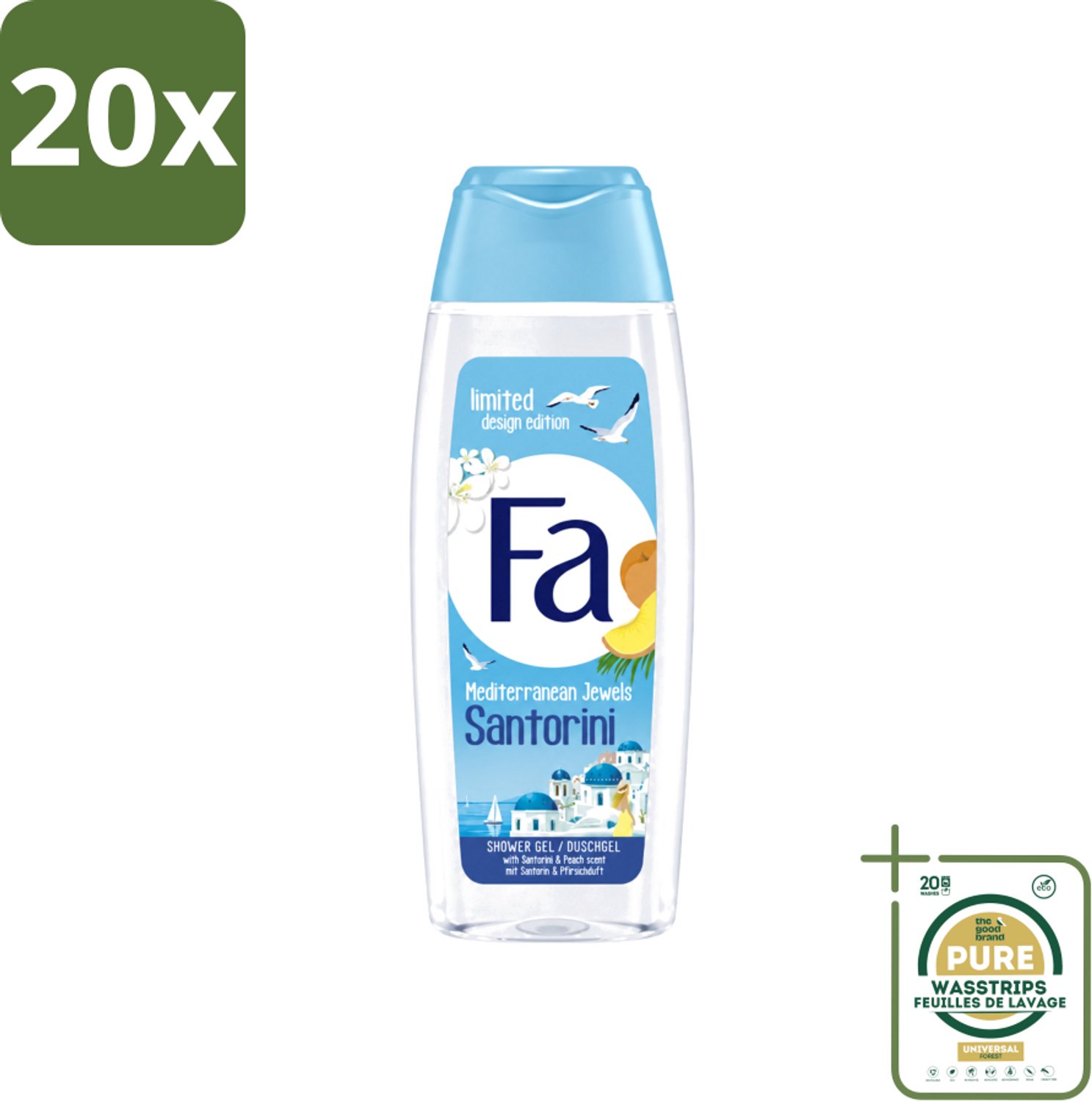 20 x Fa - Douchegel - Mediterranean Jewels Santorini - Verfrissend & Hydraterend - Verzachtend - 250 ml - Wasstrips - Douchegel Santorini - Verfrissend - Hydraterend - Verzachtend - Mediterrane Geur