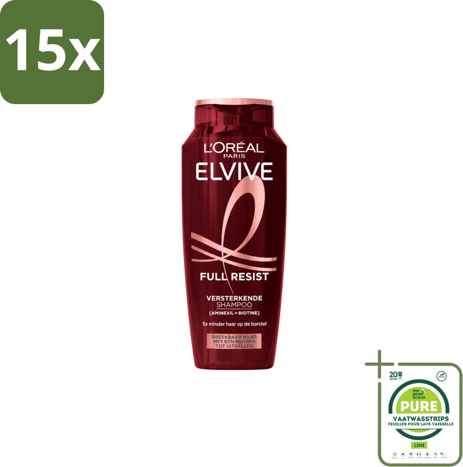 15 x L’Oréal Paris Elvive – Shampoo – Full Resist – Versterkend met Aminexil & Biotine – 250 ml - Grootverpakking - Vaatwasstrips - Haarbreuk - Versterkend Haar - Kwetsbaar Haar - Breekbaar Haar - Aminexil