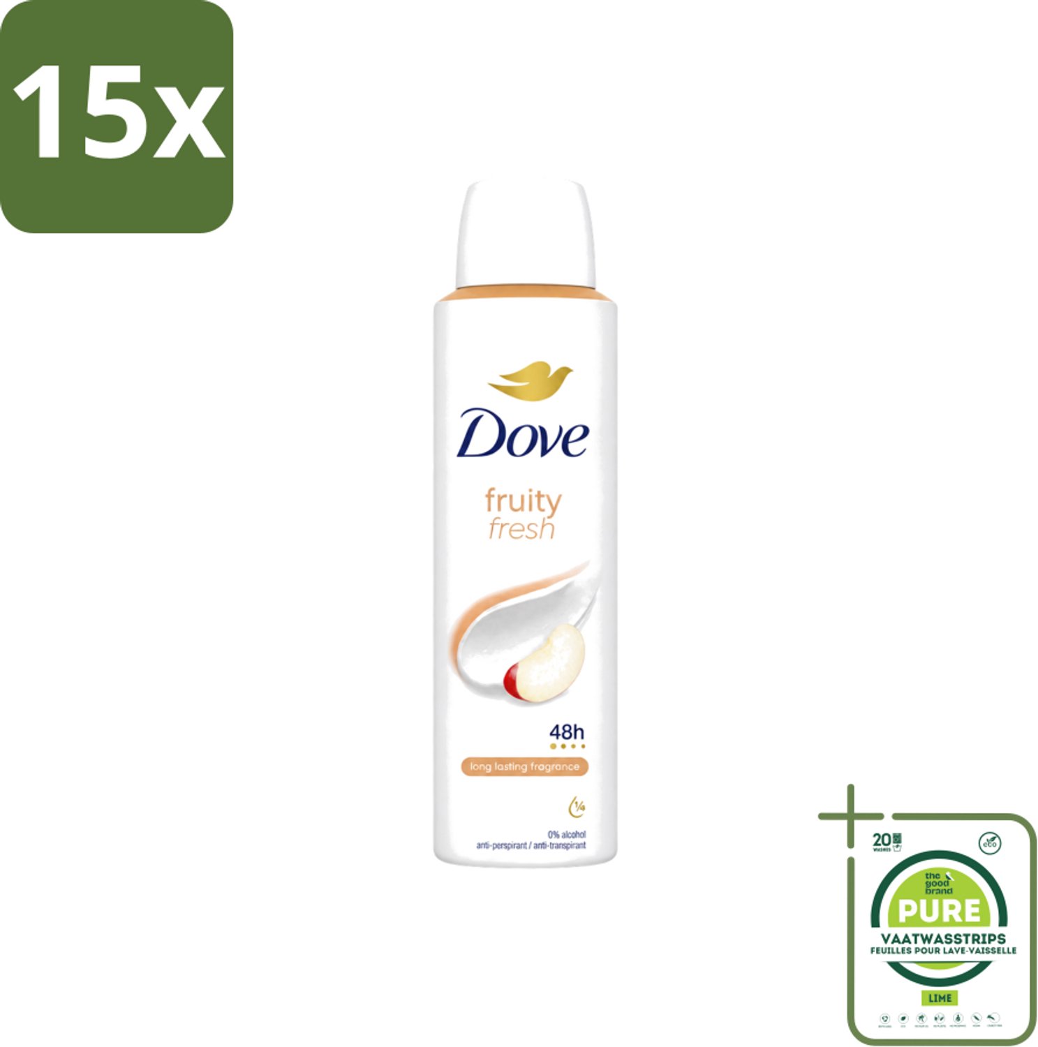 15 x Dove – Deodorant Spray – Fruity Fresh – 150 ml - Grootverpakking - Vaatwasstrips - Deodorant Spray - Fris - Fruitige Geur - Okselhuid Verzorging - Transpiratiegeur