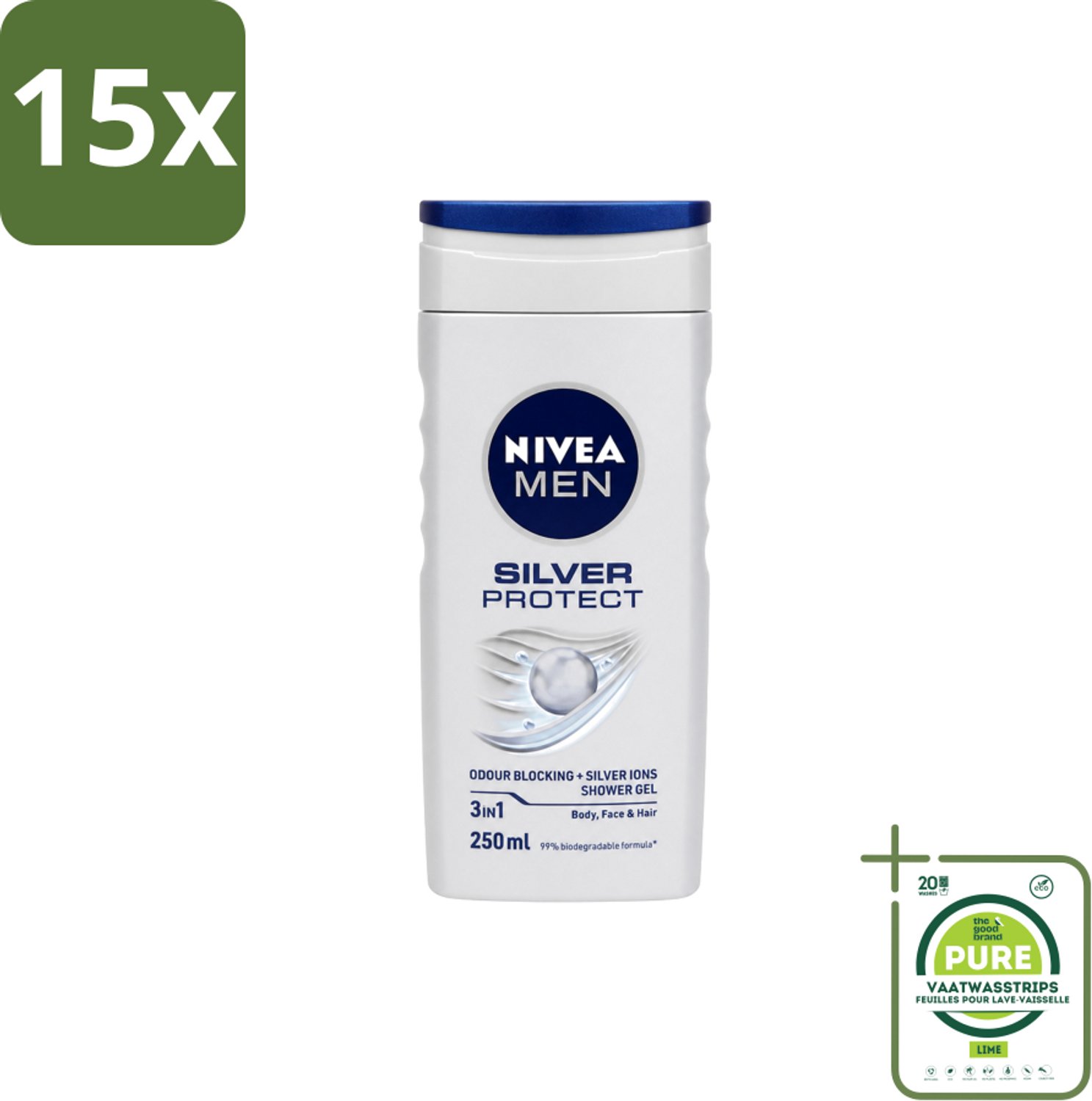 15 x Nivea Men – Douchegel – Silver Protect – 250 ml - Grootverpakking - Vaatwasstrips - Douchegel Mannen - Zilverionen - Frisheid - Lichaam Verzorging - Gezicht Verzorging