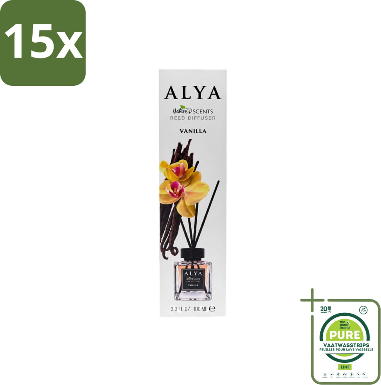 15 x Alya – Reed Diffuser – Vanilla – Interieurparfum - Grootverpakking - Vaatwasstrips - Geurstokjes - Vanille - Warme Geur - Huisgeur - Geur In Huis