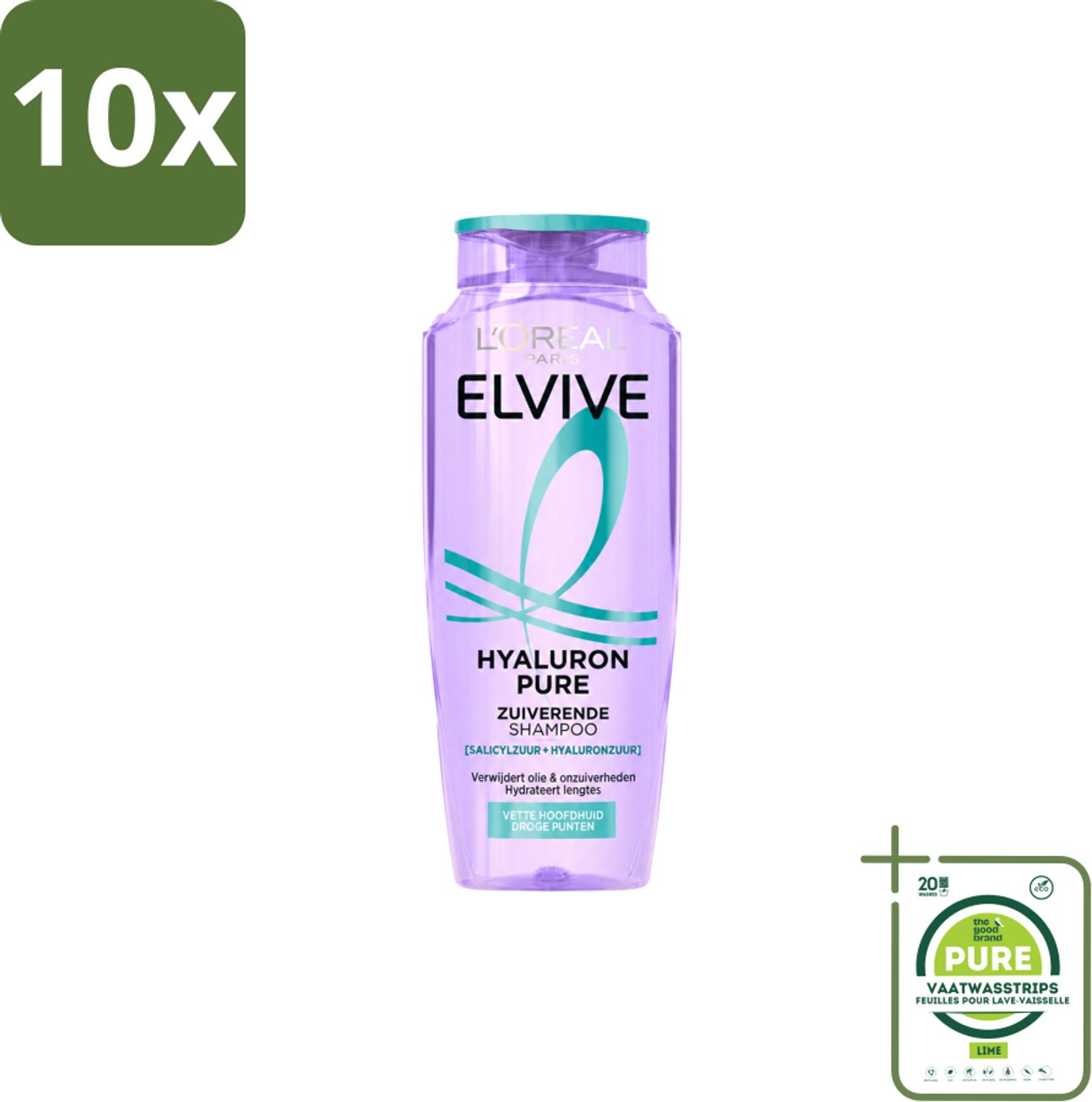 10 x L’Oréal Paris Elvive – Shampoo – Hyaluron Pure – Zuiverend – 250 ml - Grootverpakking - Vaatwasstrips - Zuiverende Shampoo - Hyaluronzuur Shampoo - Salicylzuur Shampoo - Vette Hoofdhuid Shampoo - Droge Punten Shampoo